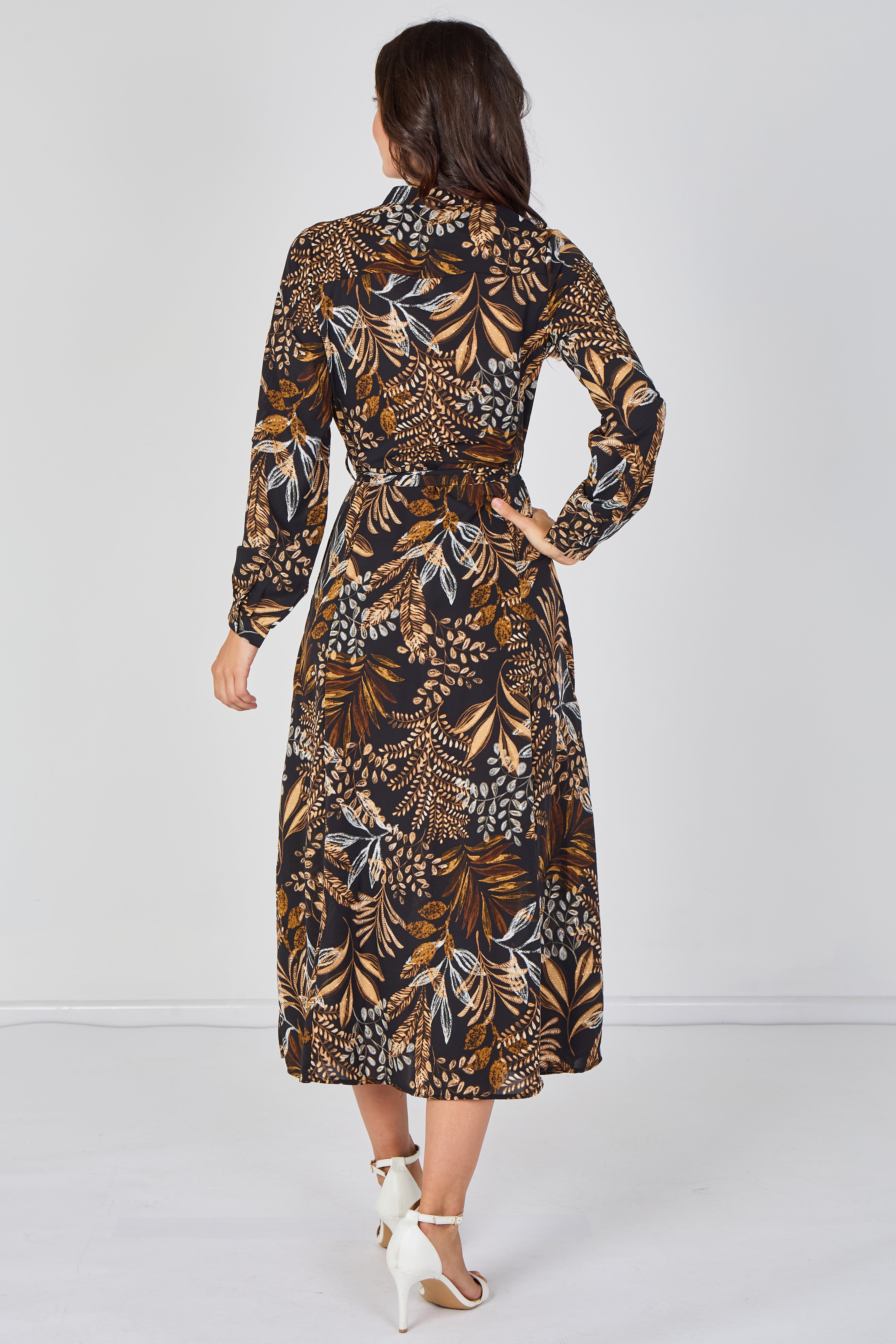8Pcs Black Botanical Print Belted Maxi Shirt Dress