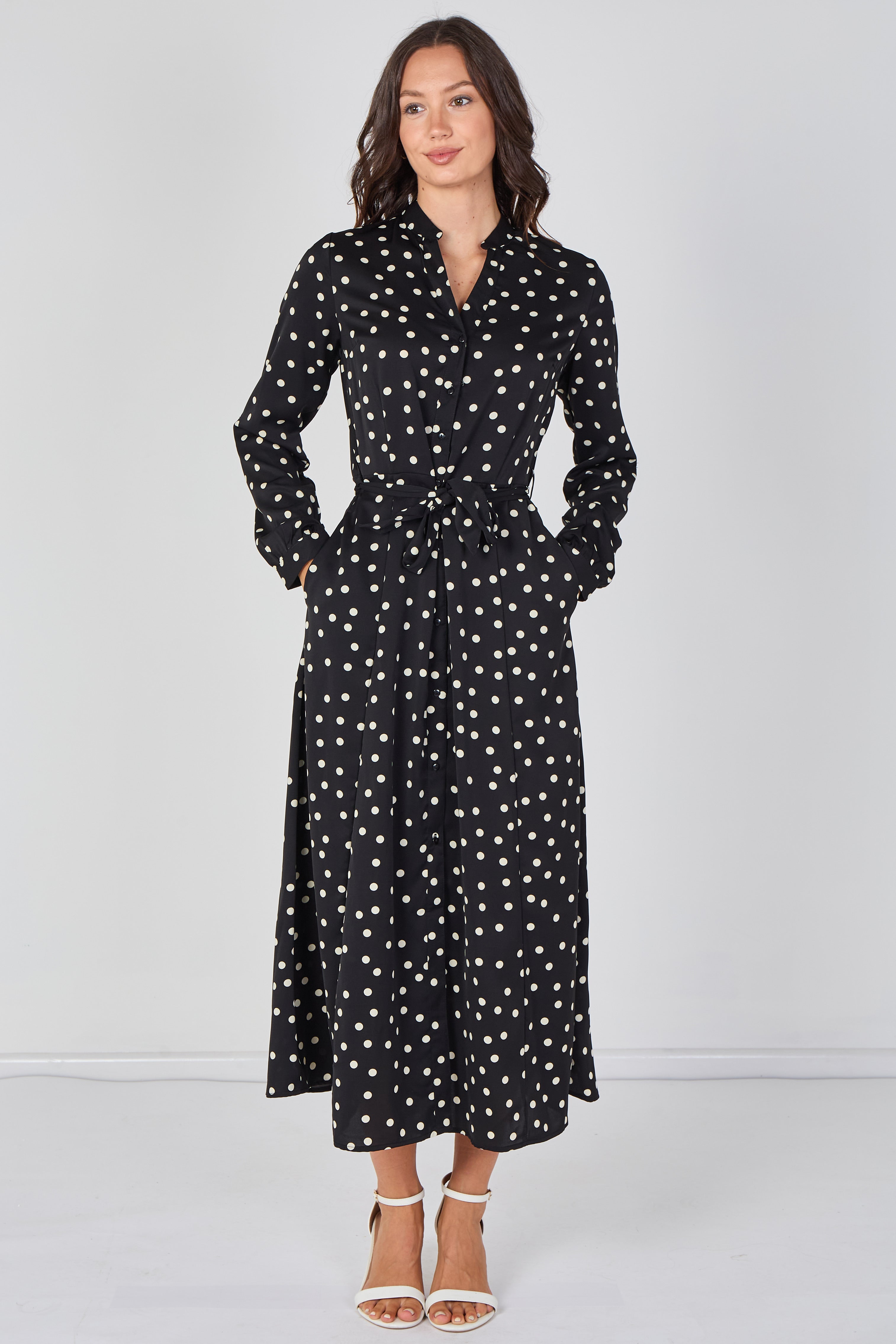 8Pcs Black Polka Dot Print Belted Maxi Shirt Dress