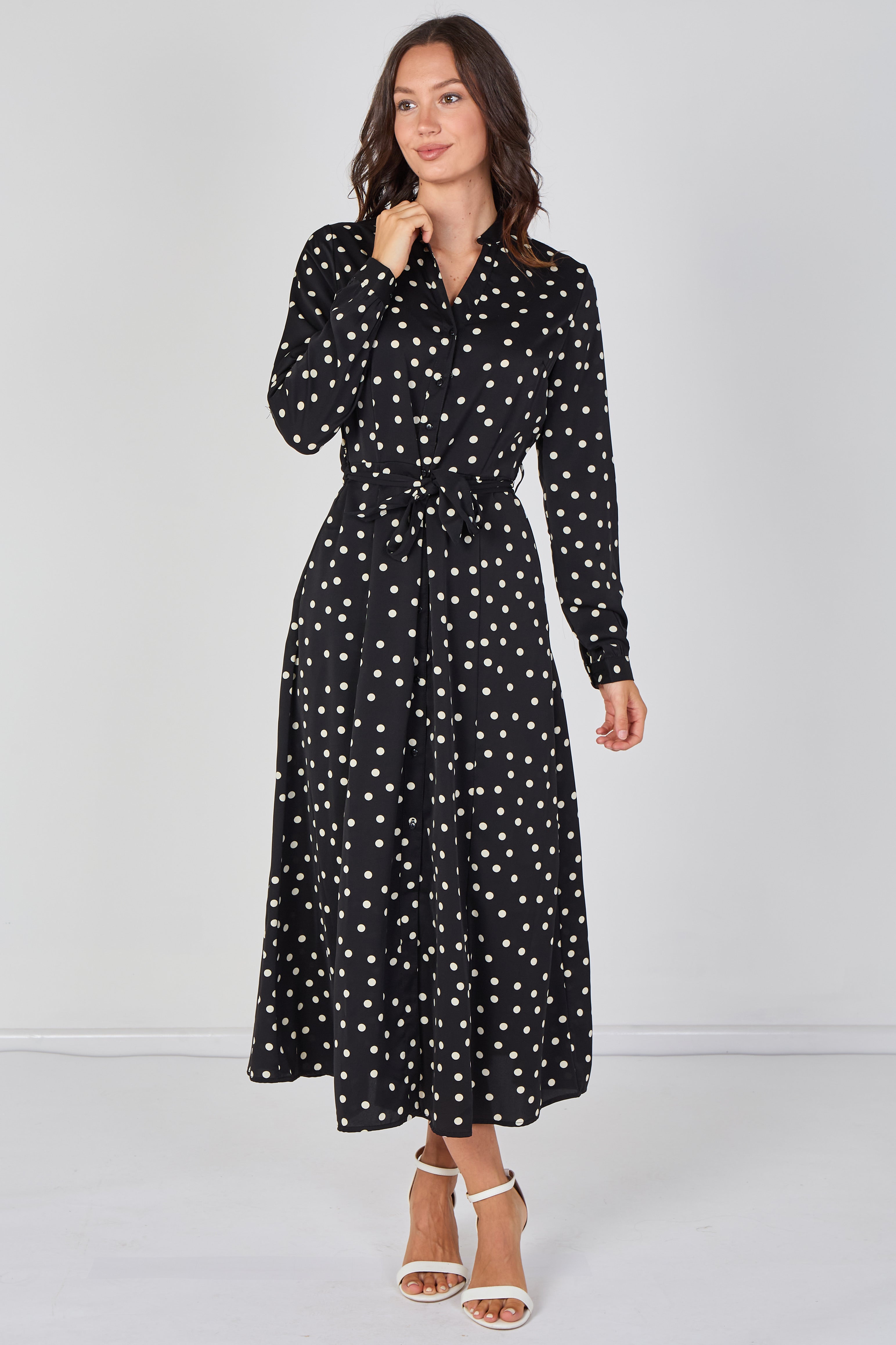 8Pcs Black Polka Dot Print Belted Maxi Shirt Dress