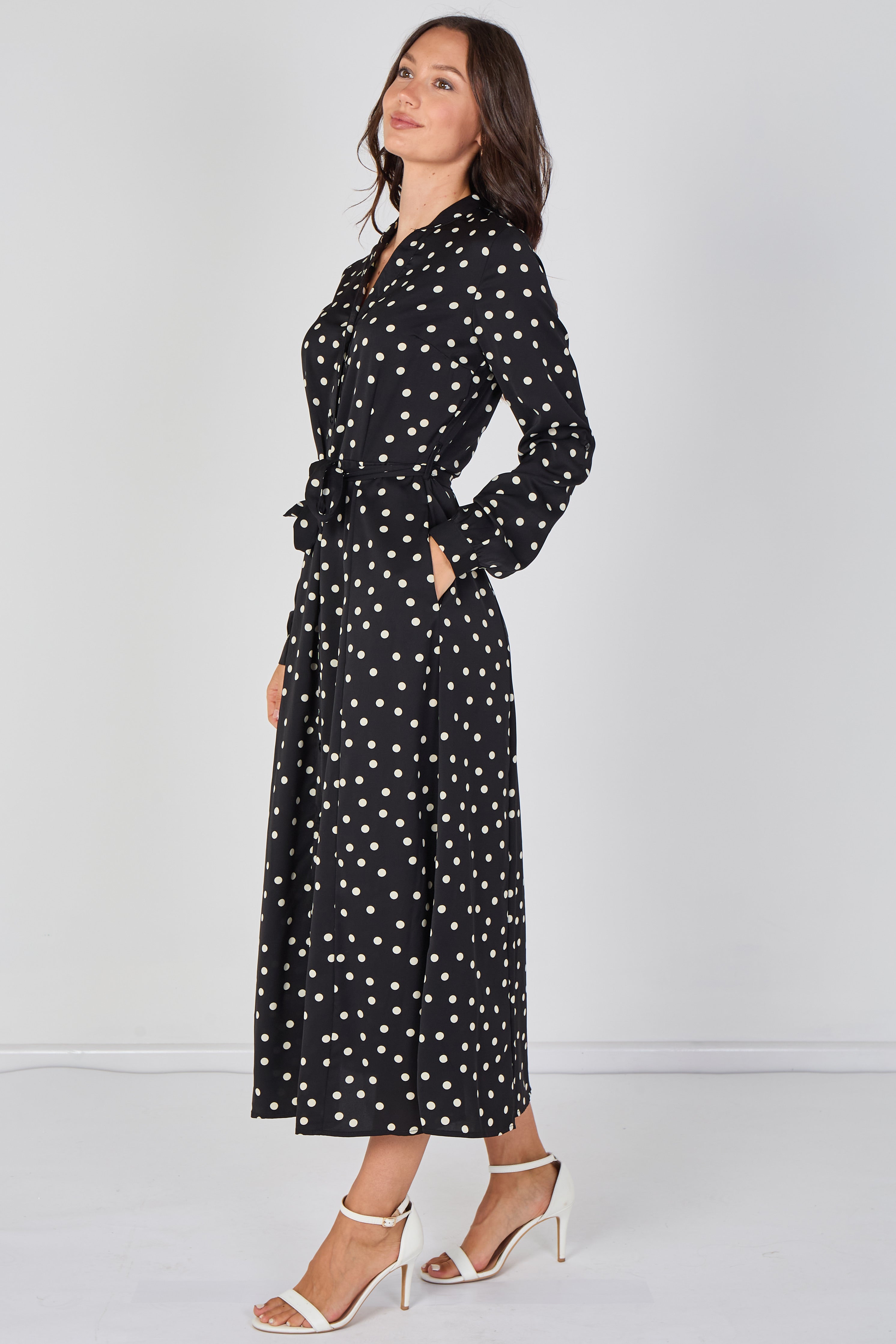 8Pcs Black Polka Dot Print Belted Maxi Shirt Dress