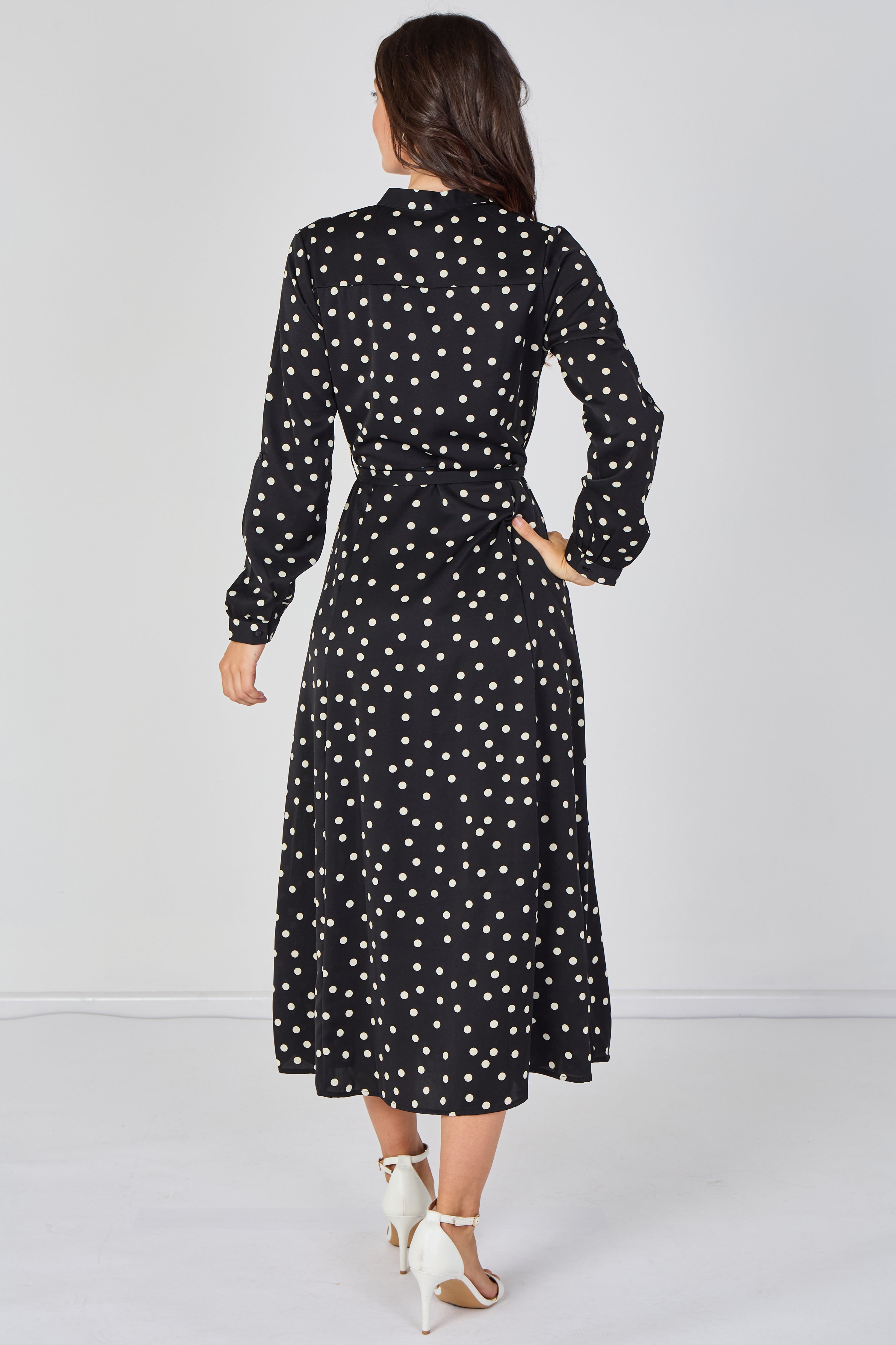 8Pcs Black Polka Dot Print Belted Maxi Shirt Dress