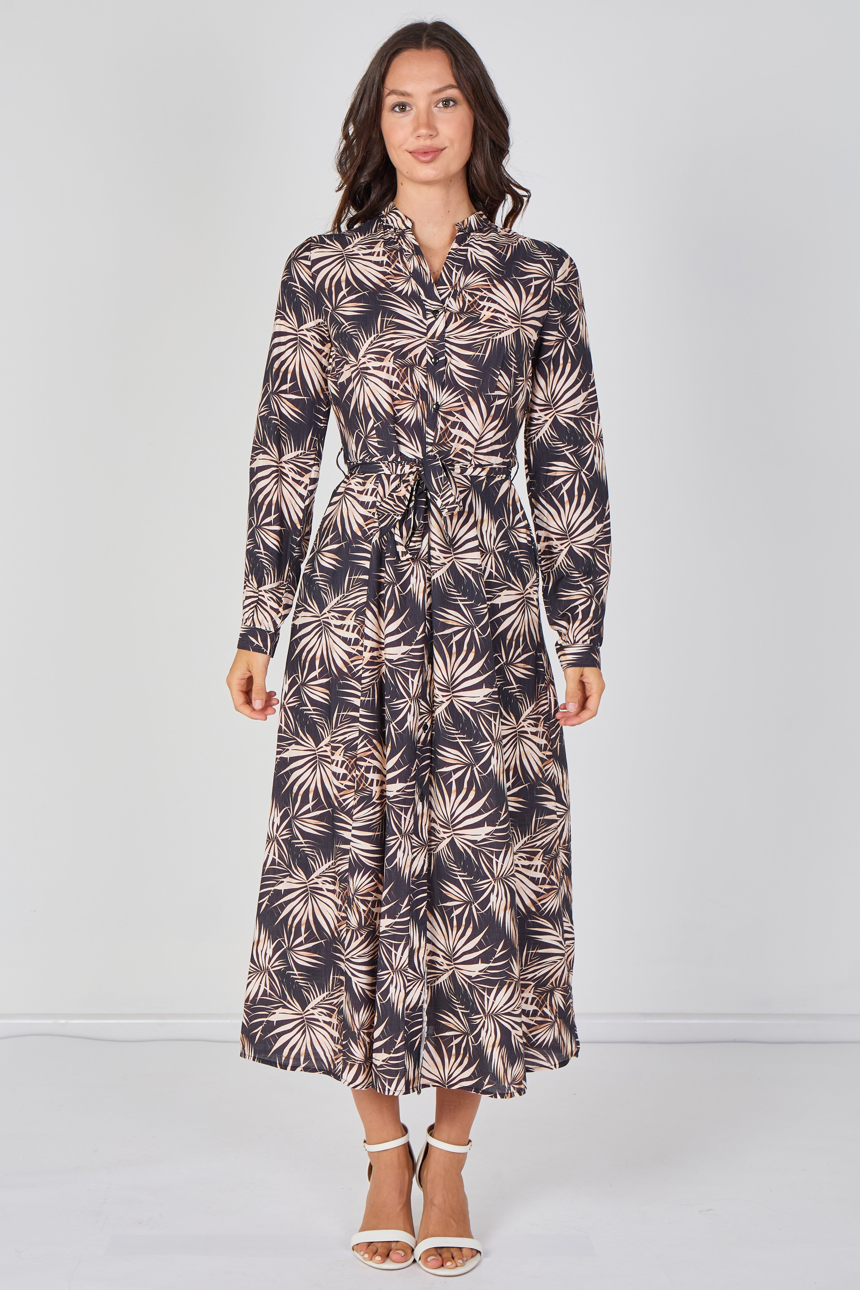 8Pcs Black and Blush Palm Print Belted Maxi Shirt Dress