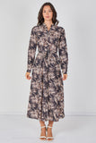 8Pcs Black and Blush Palm Print Belted Maxi Shirt Dress