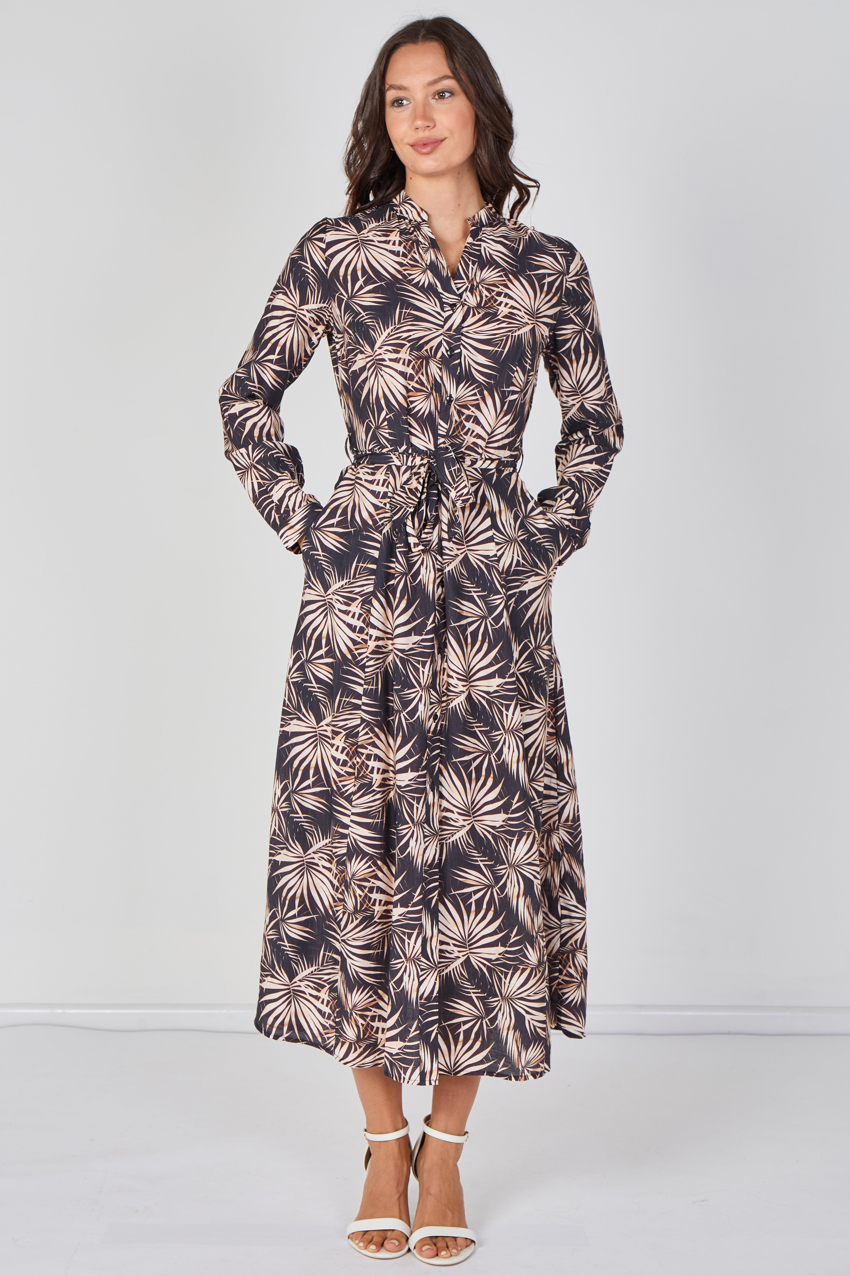 8Pcs Black and Blush Palm Print Belted Maxi Shirt Dress