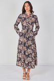 8Pcs Black and Blush Palm Print Belted Maxi Shirt Dress