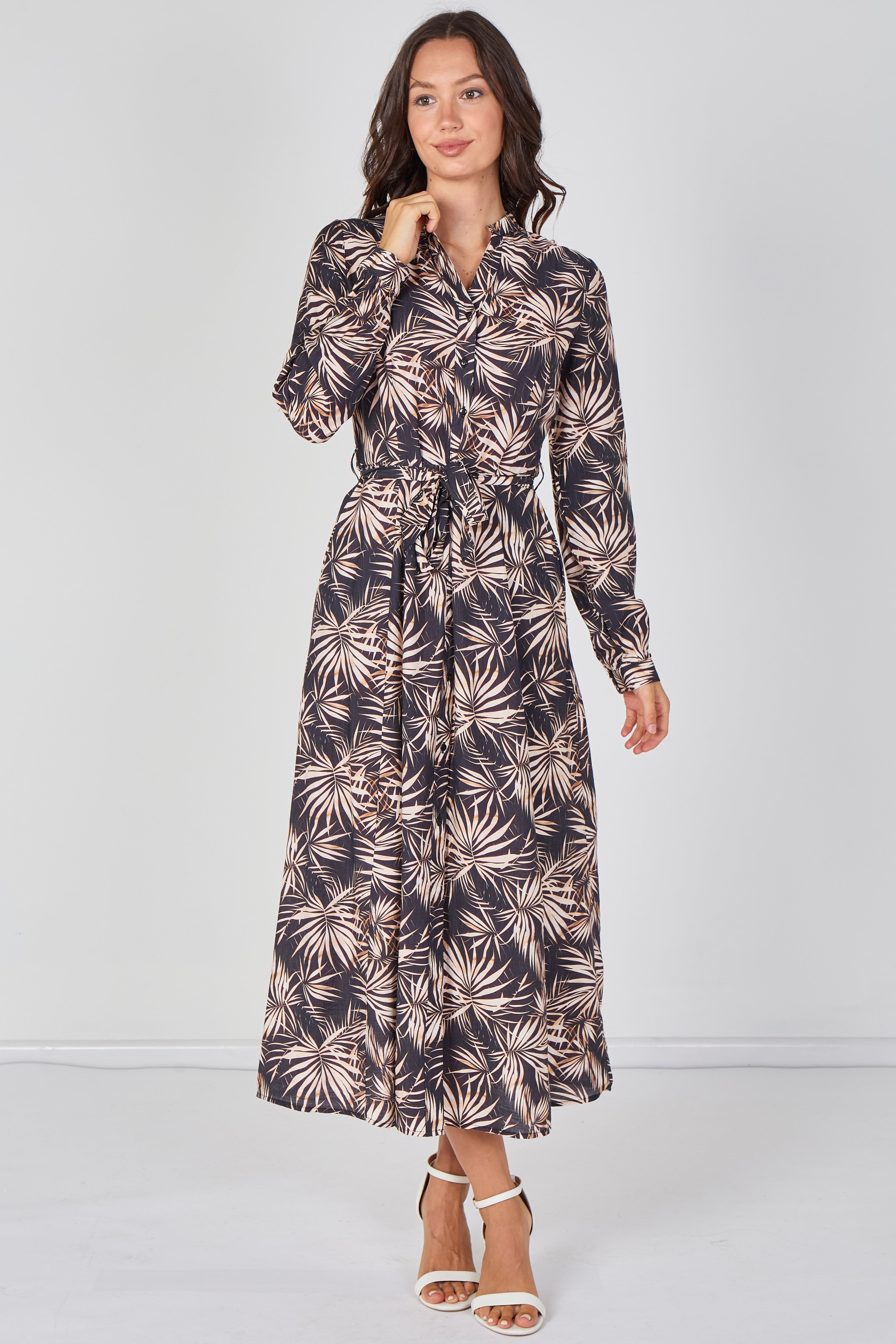 8Pcs Black and Blush Palm Print Belted Maxi Shirt Dress