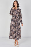 8Pcs Black and Blush Palm Print Belted Maxi Shirt Dress