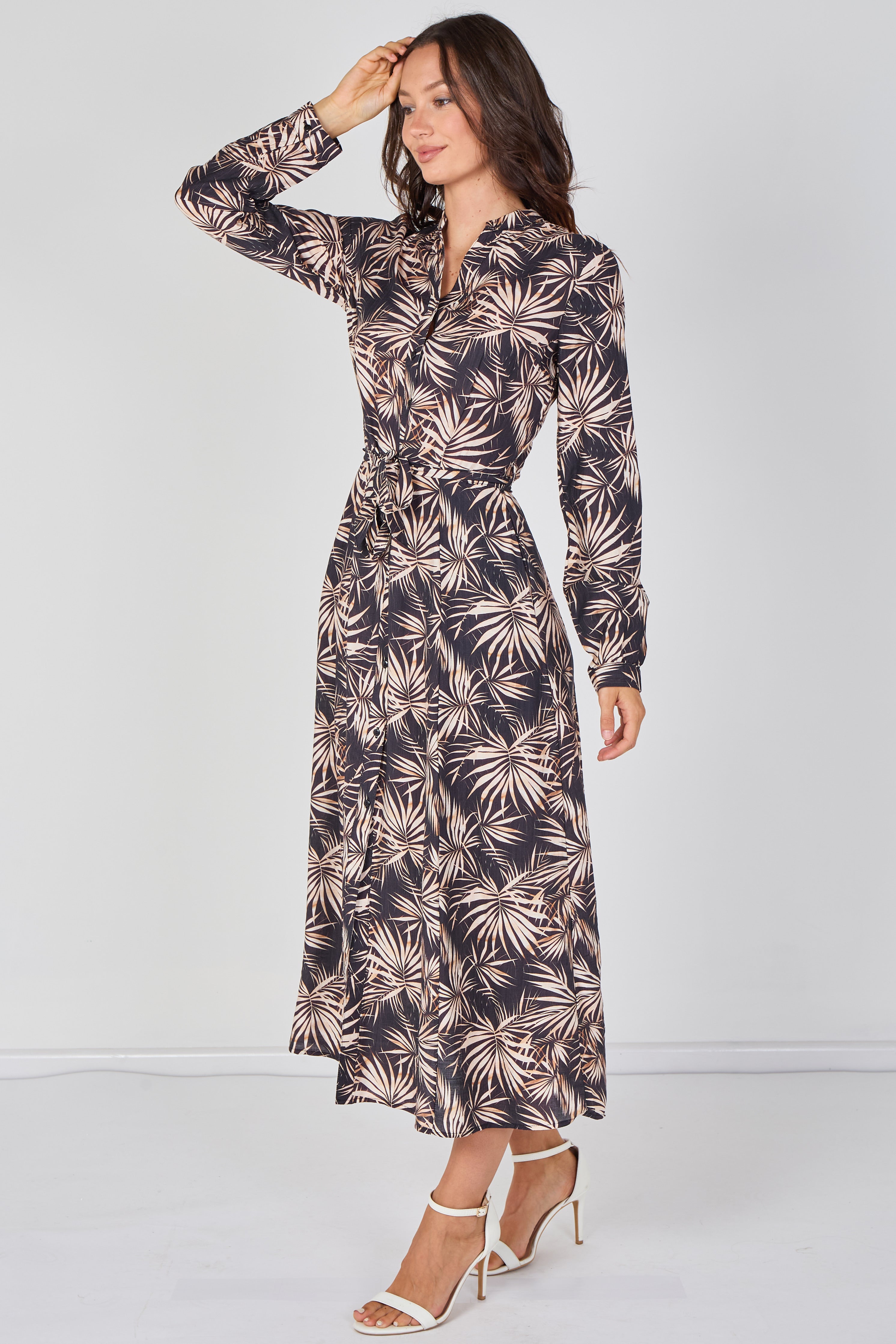 8Pcs Black and Blush Palm Print Belted Maxi Shirt Dress
