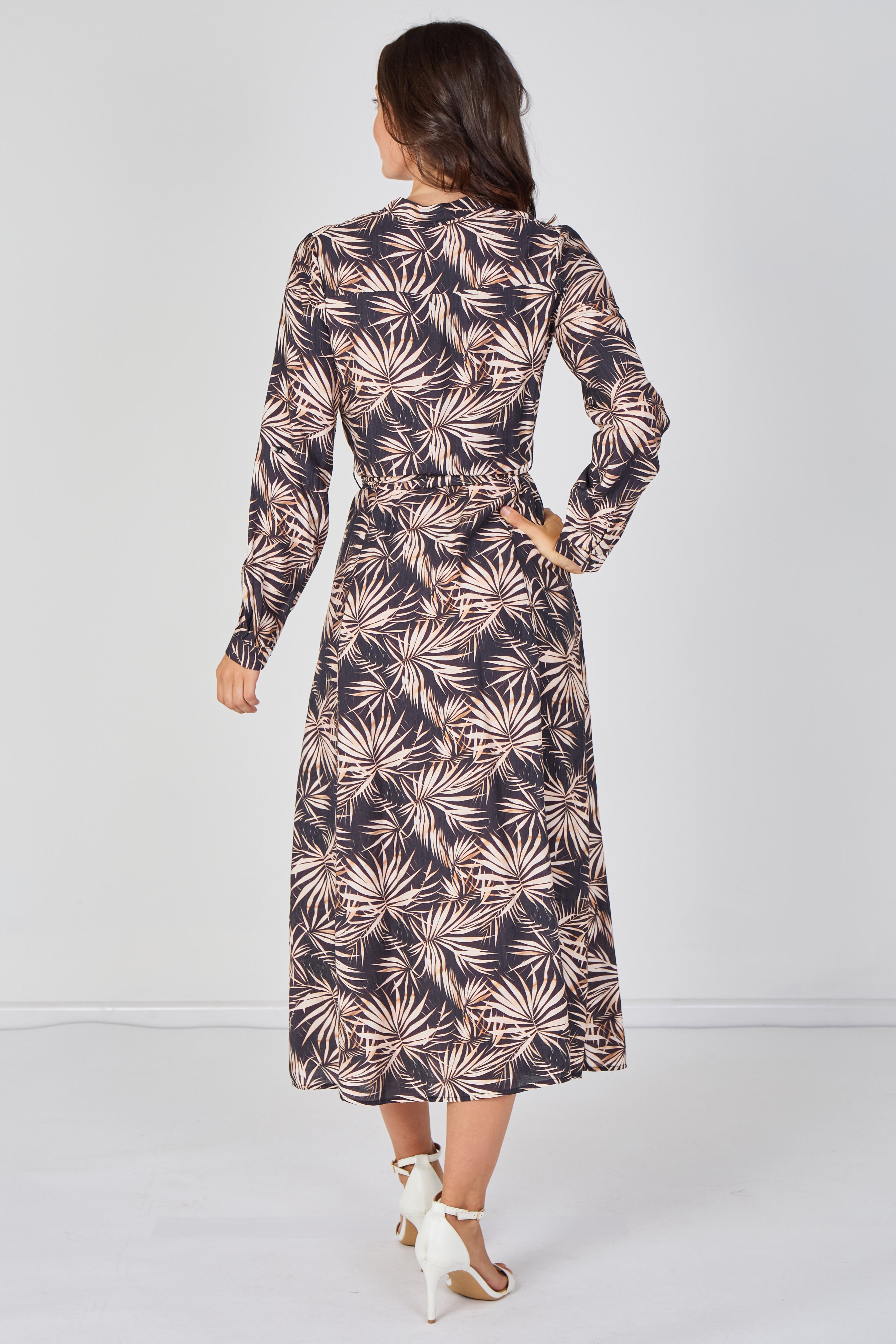 8Pcs Black and Blush Palm Print Belted Maxi Shirt Dress