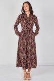 8Pcs Burgundy Paisley Print Belted Maxi Shirt Dress