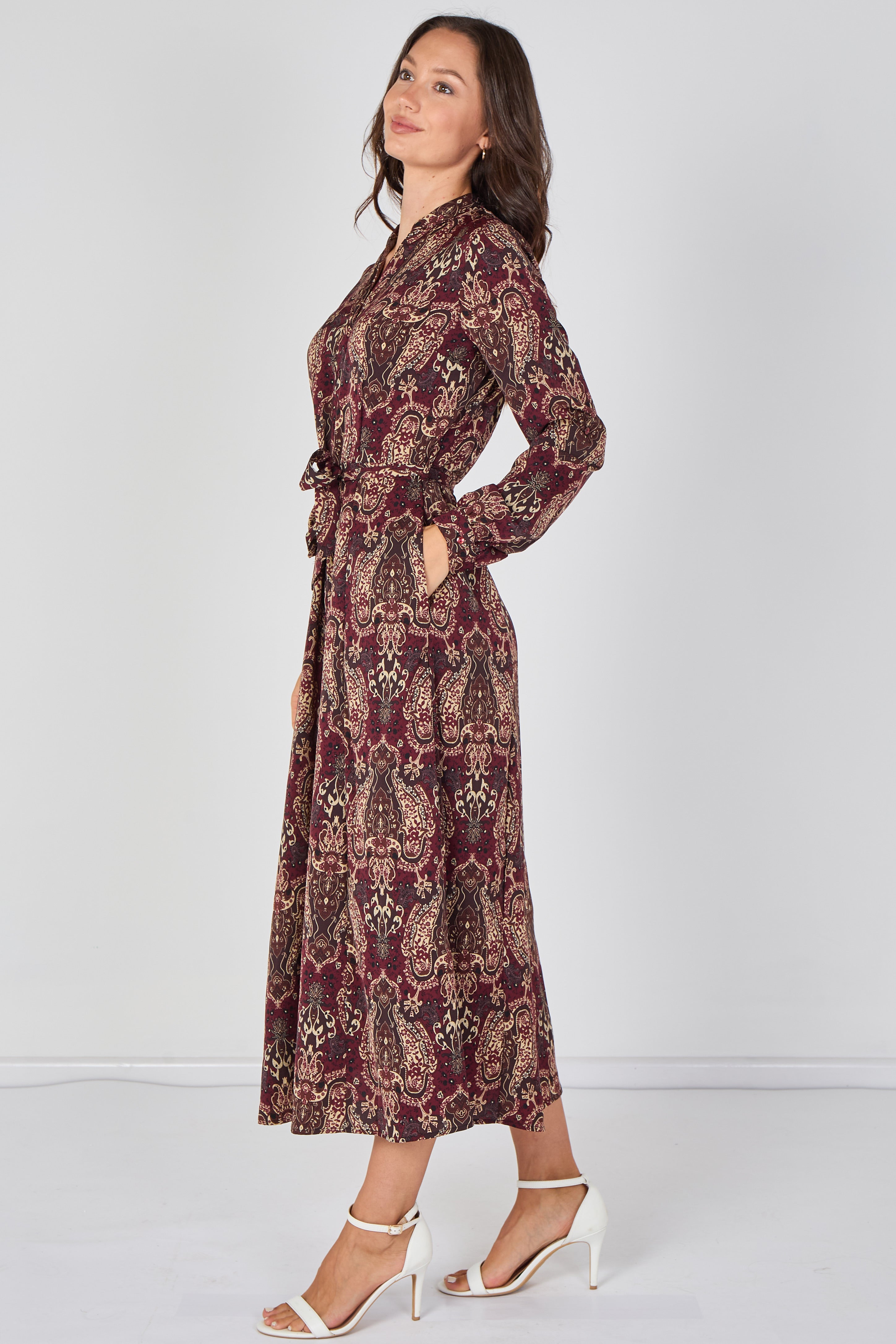8Pcs Burgundy Paisley Print Belted Maxi Shirt Dress