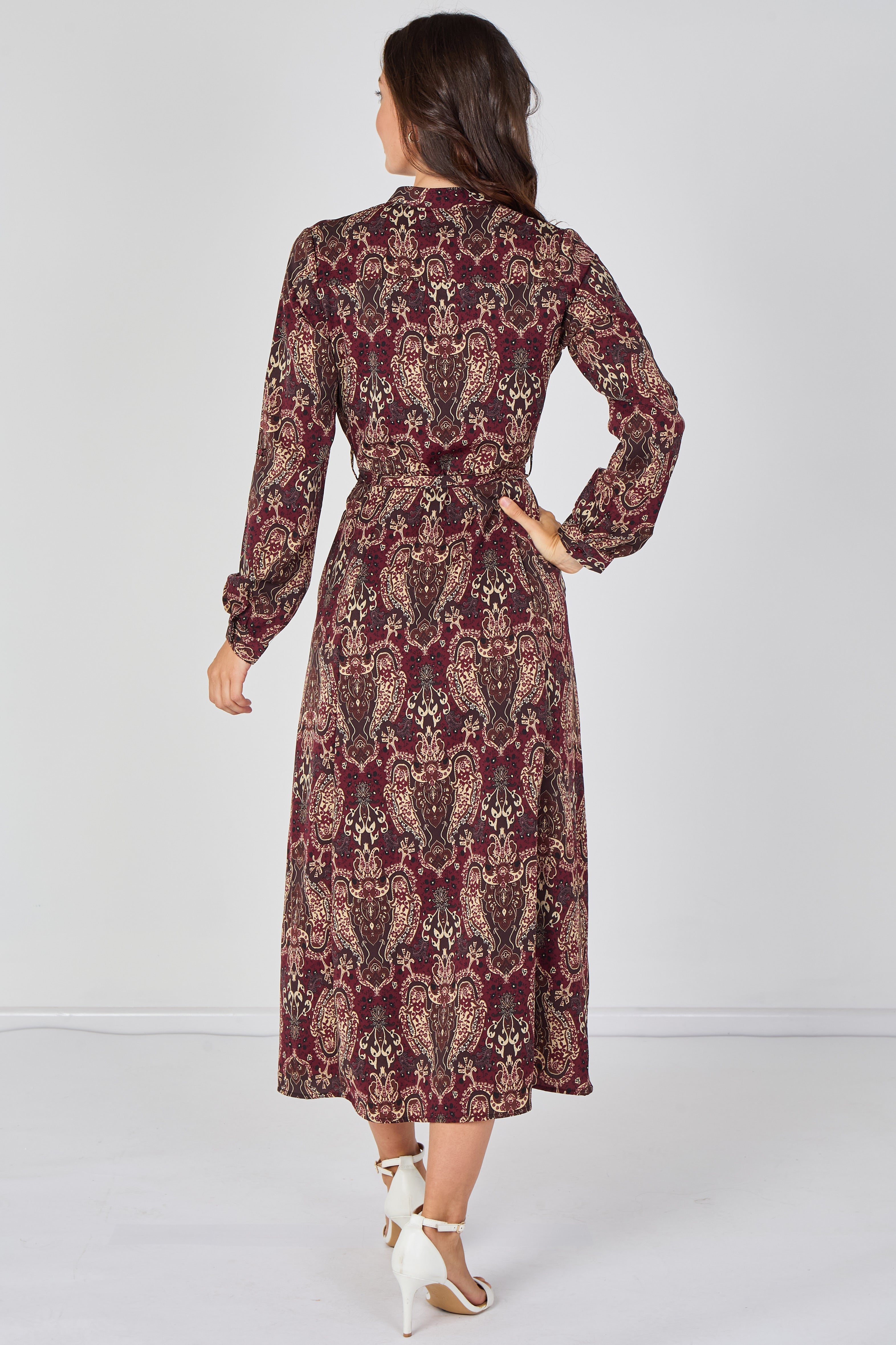 8Pcs Burgundy Paisley Print Belted Maxi Shirt Dress