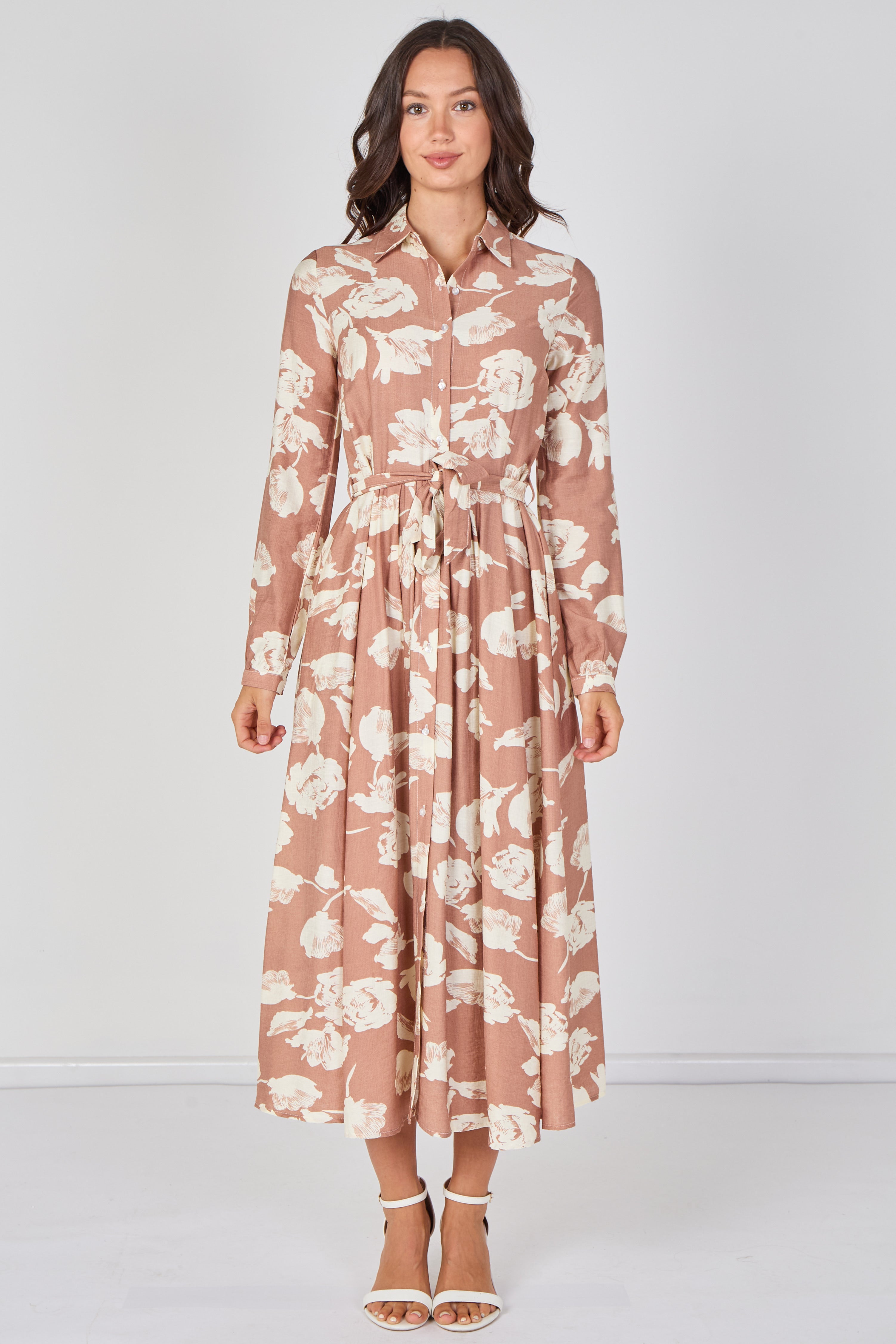 8Pcs Blush Blossom Printed Belted Maxi Shirt Dress