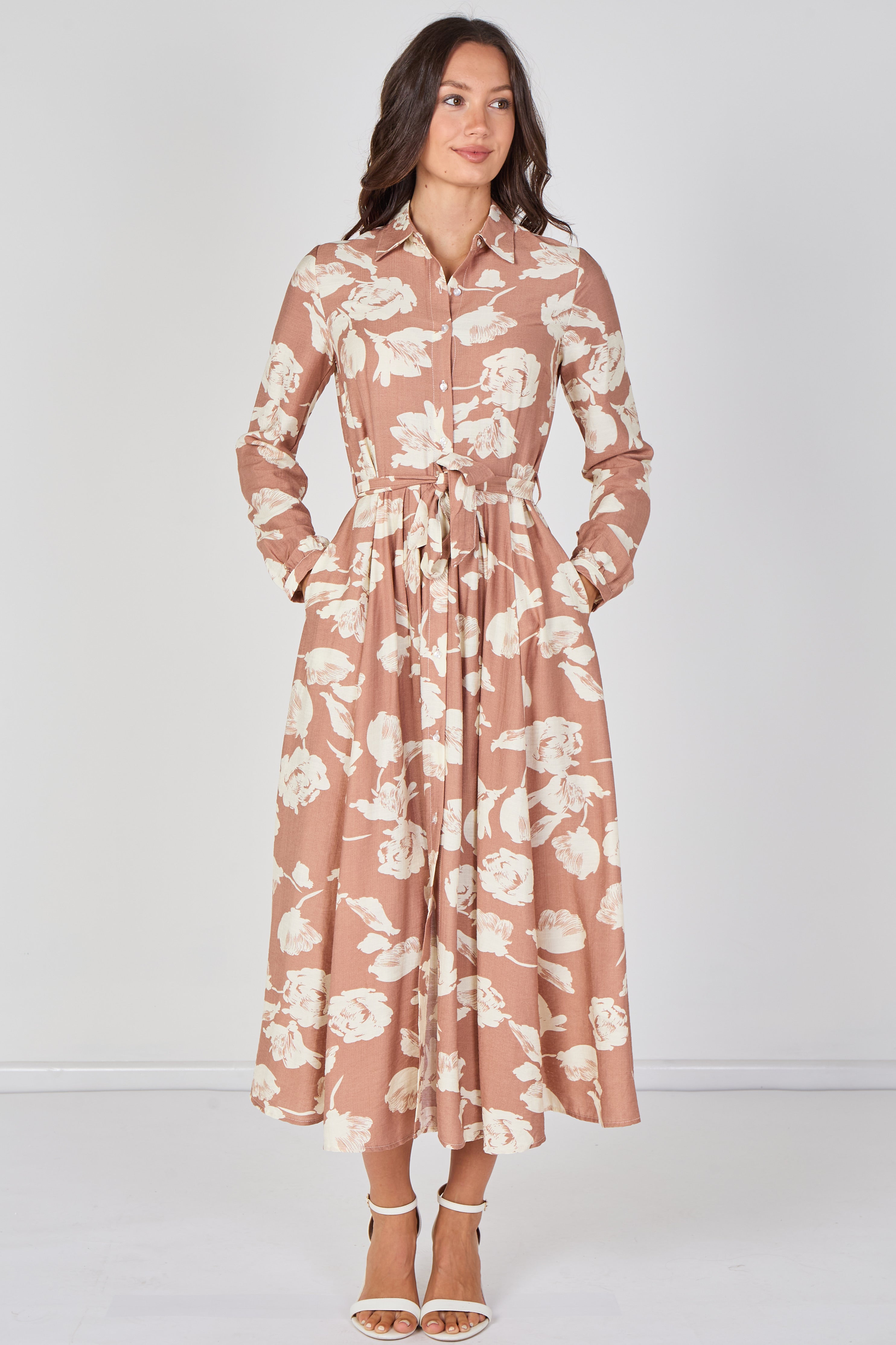8Pcs Blush Blossom Printed Belted Maxi Shirt Dress