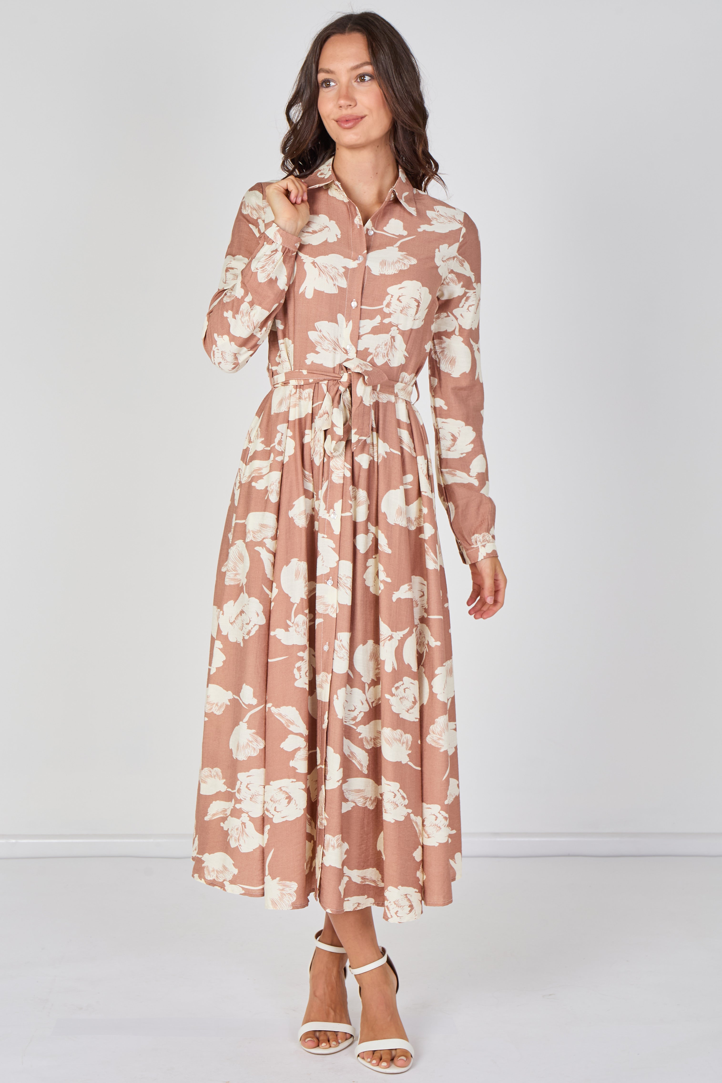 8Pcs Blush Blossom Printed Belted Maxi Shirt Dress