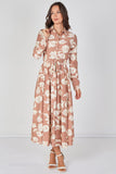 8Pcs Blush Blossom Printed Belted Maxi Shirt Dress