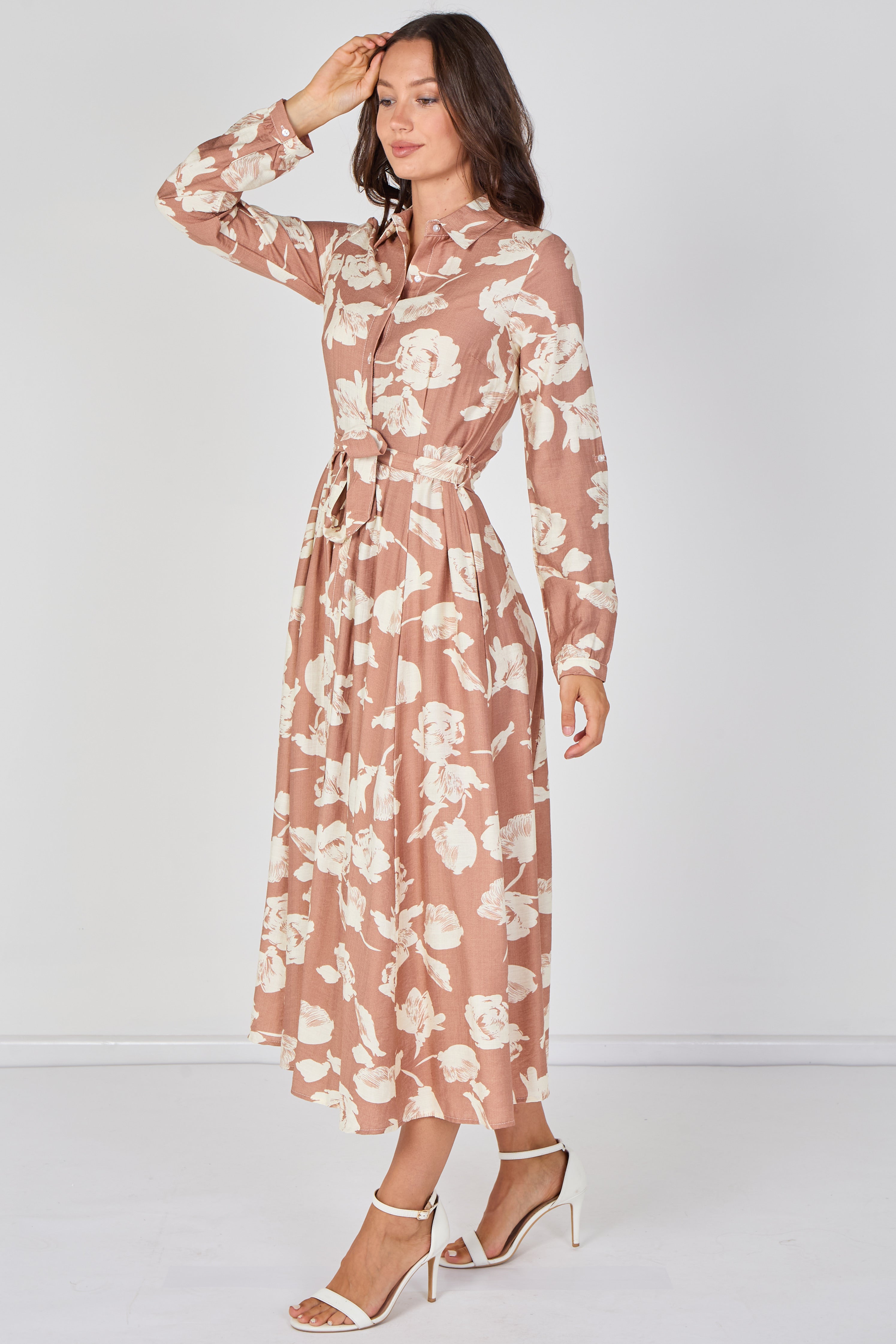 8Pcs Blush Blossom Printed Belted Maxi Shirt Dress