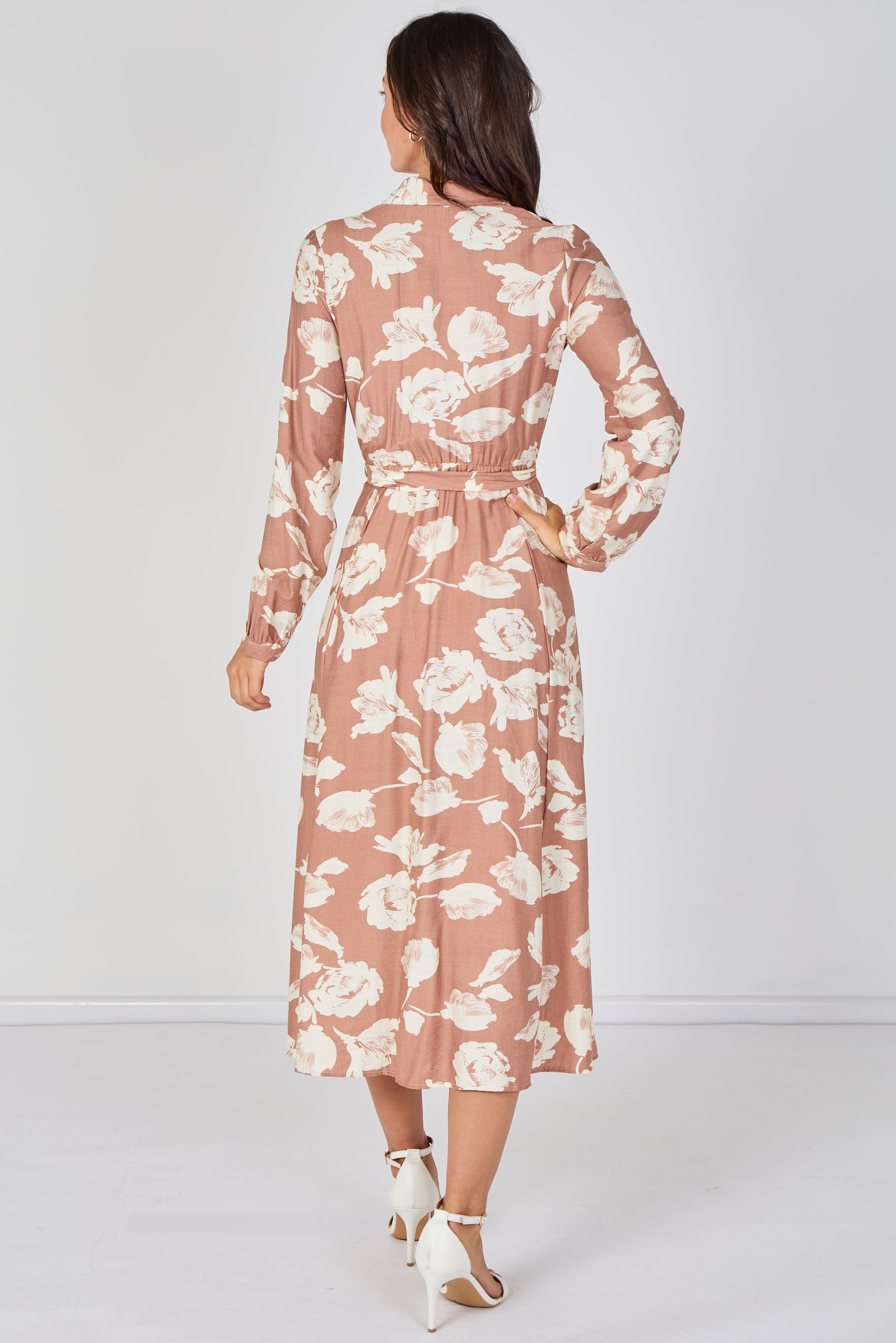 8Pcs Blush Blossom Printed Belted Maxi Shirt Dress