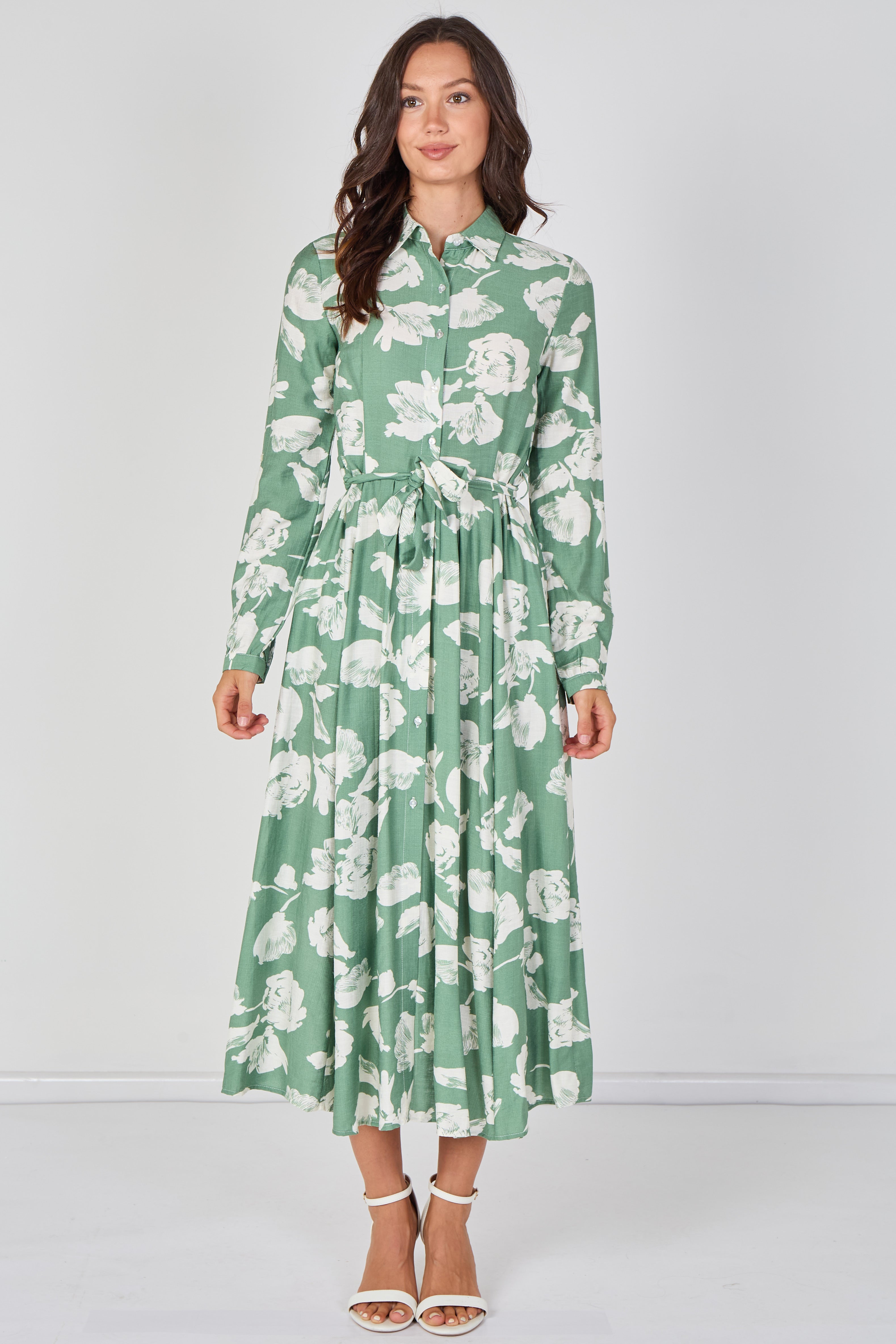 8Pcs Sage Green Blossom Printed Belted Maxi Shirt Dress