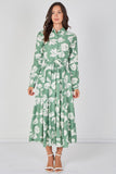 8Pcs Sage Green Blossom Printed Belted Maxi Shirt Dress