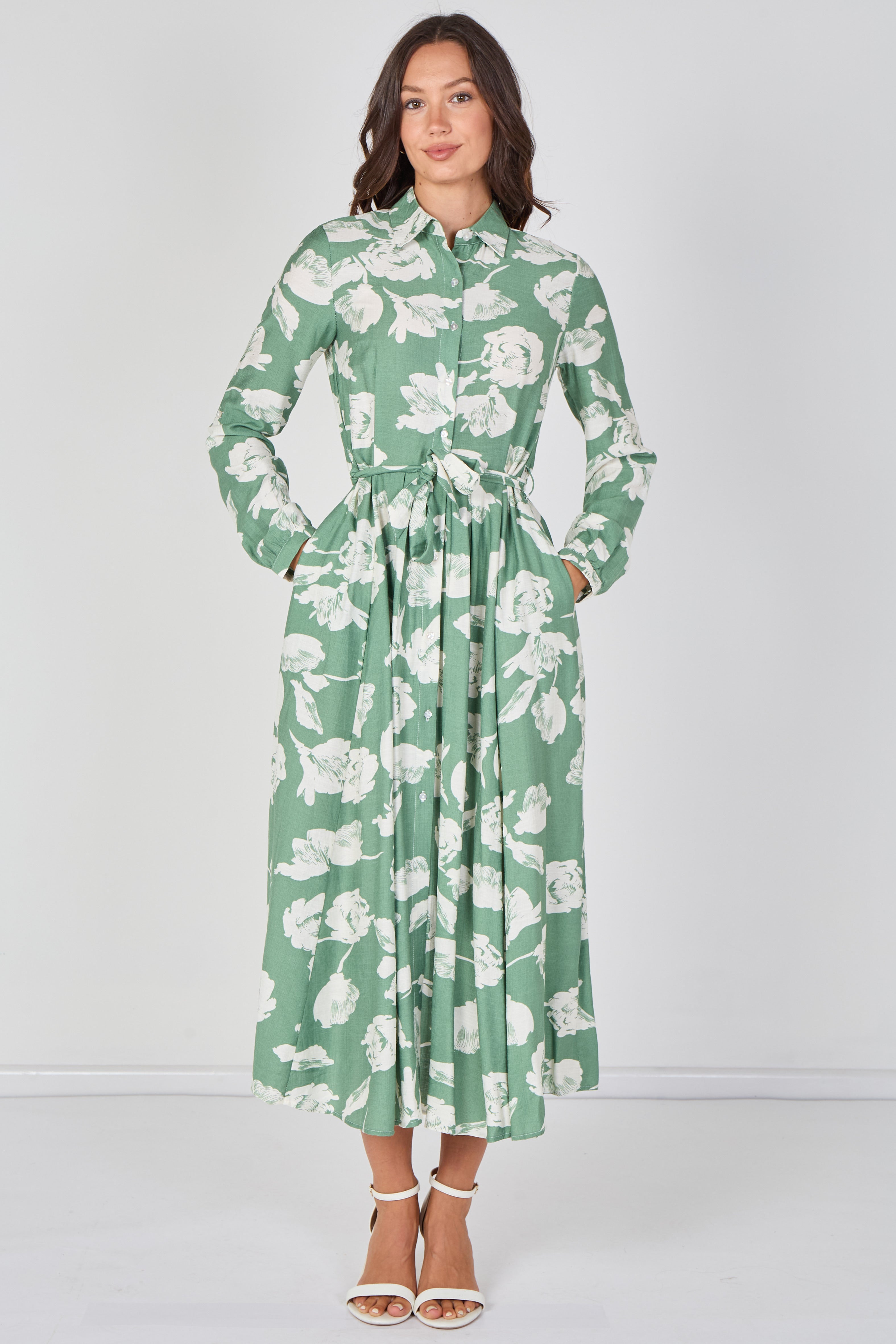 8Pcs Sage Green Blossom Printed Belted Maxi Shirt Dress