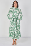 8Pcs Sage Green Blossom Printed Belted Maxi Shirt Dress