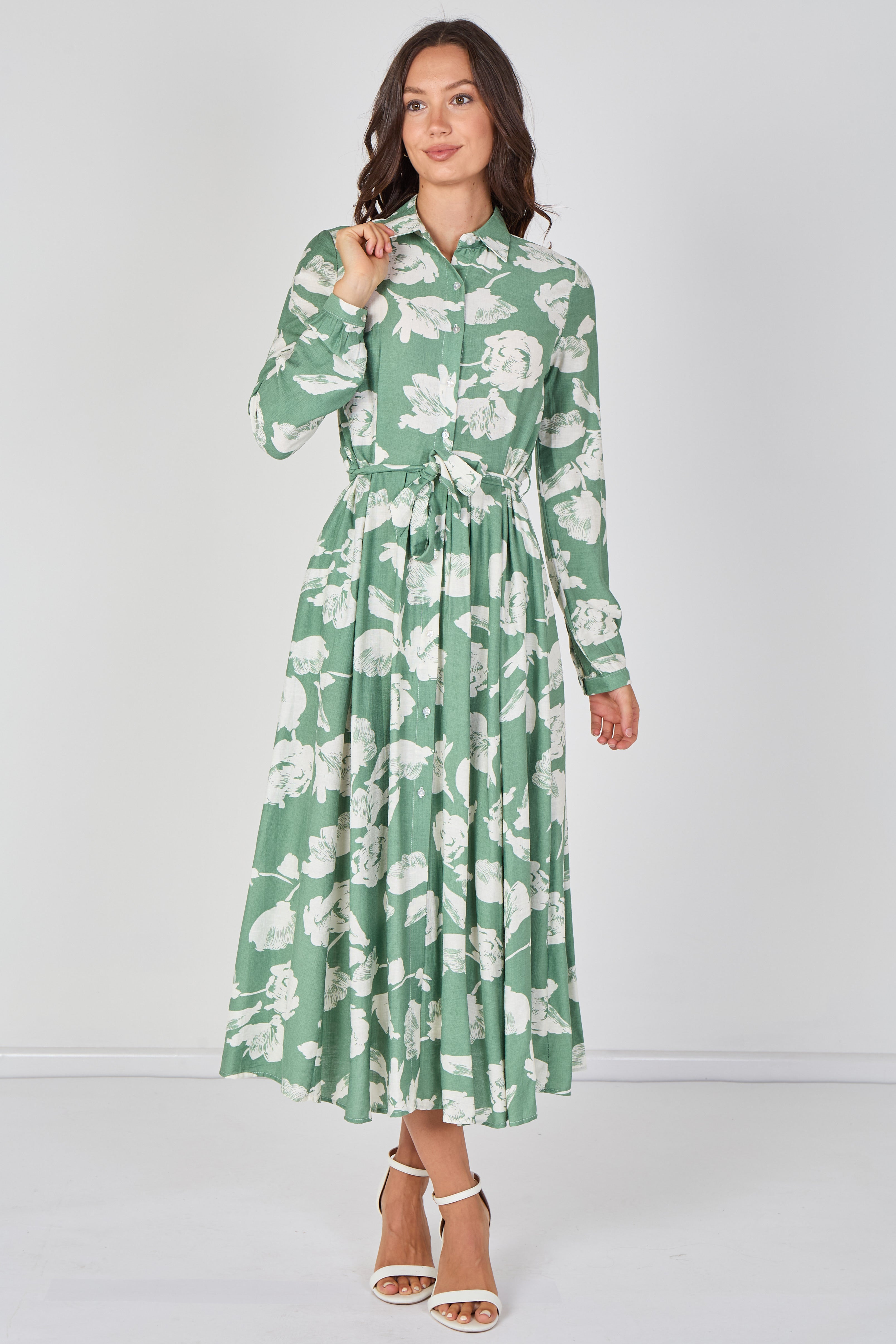 8Pcs Sage Green Blossom Printed Belted Maxi Shirt Dress