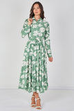 8Pcs Sage Green Blossom Printed Belted Maxi Shirt Dress