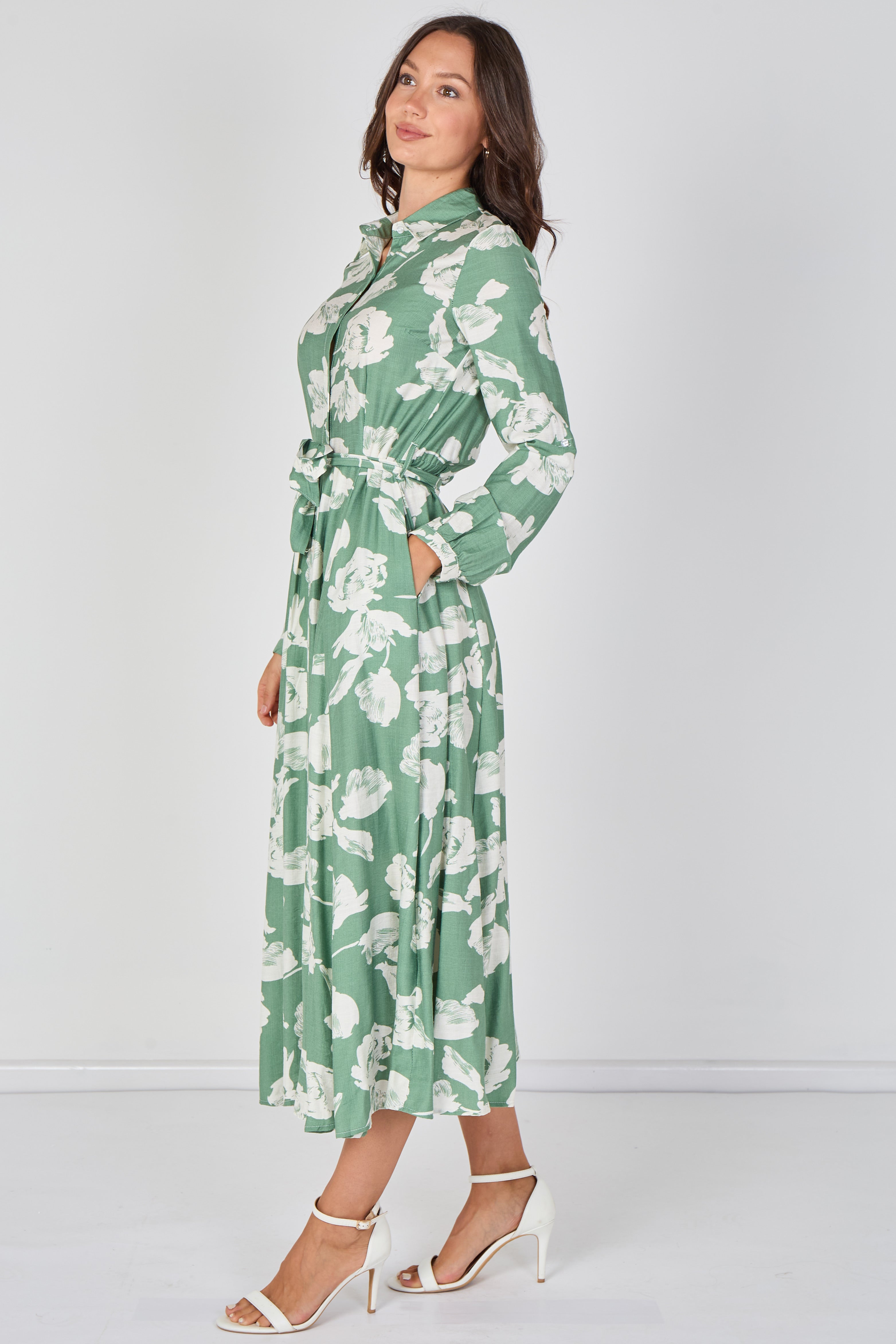 8Pcs Sage Green Blossom Printed Belted Maxi Shirt Dress