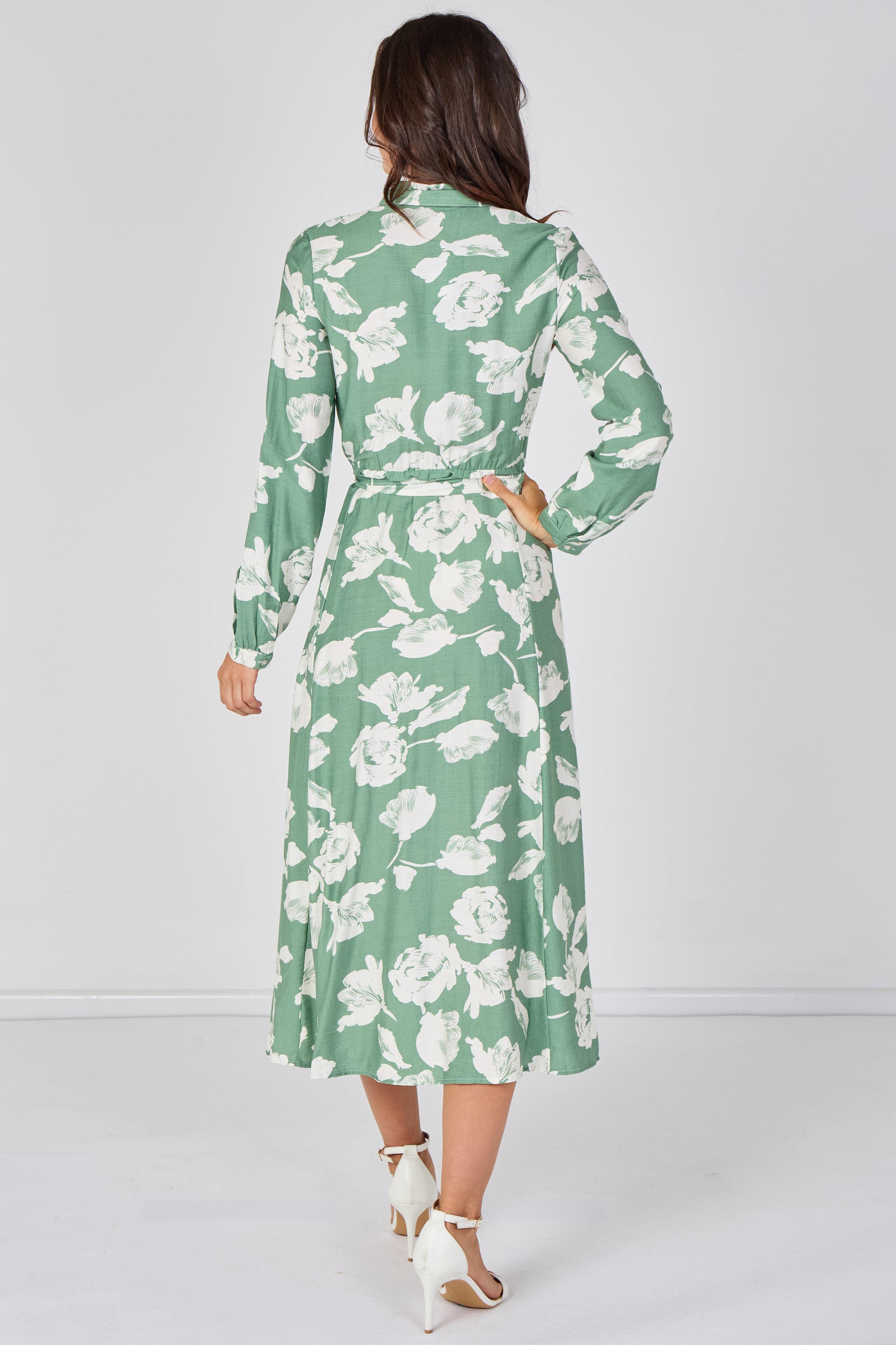 8Pcs Sage Green Blossom Printed Belted Maxi Shirt Dress