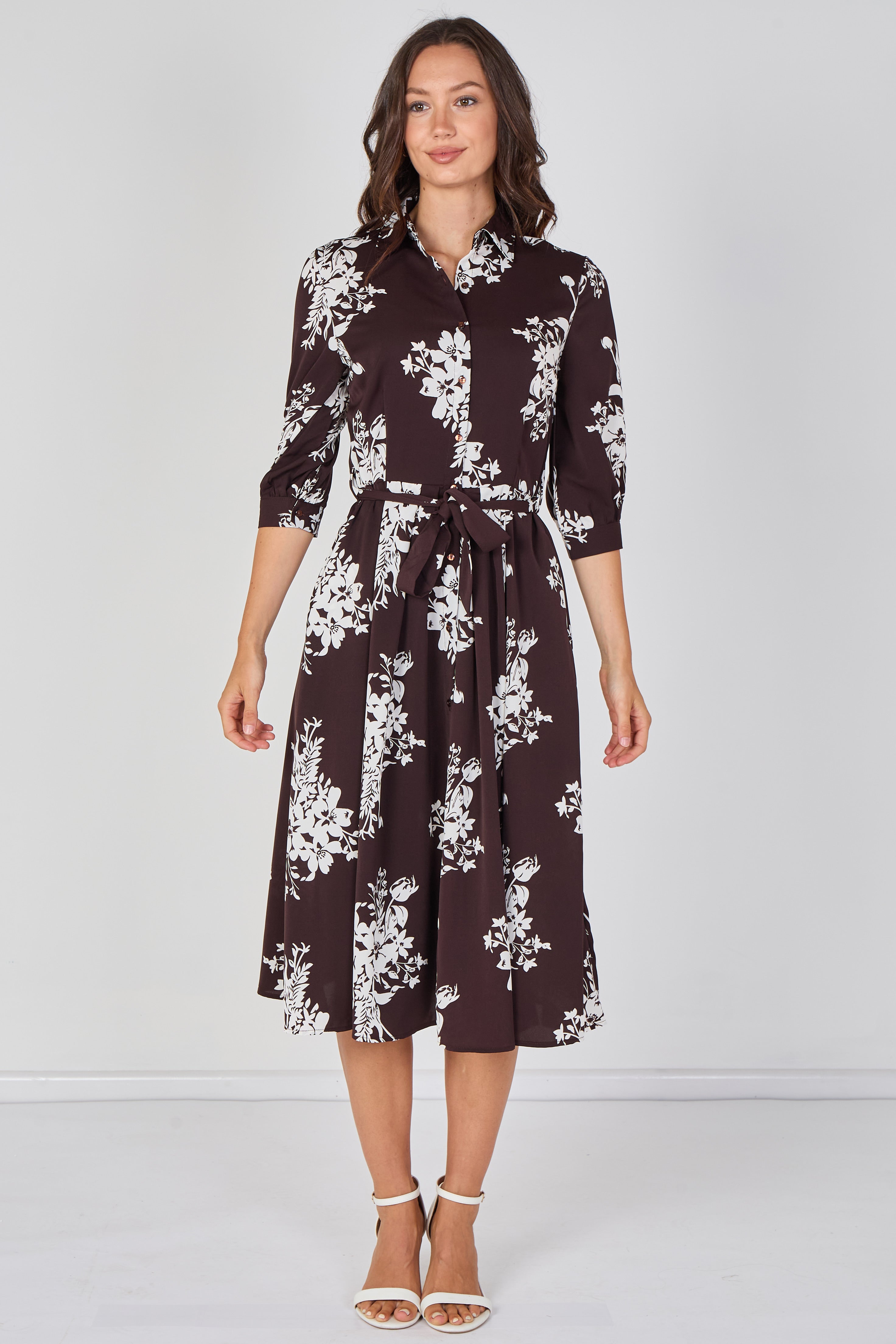 8Pcs Brown Ivory Bouquet Print Belted Midi Shirt Dress