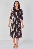 8Pcs Brown Ivory Bouquet Print Belted Midi Shirt Dress