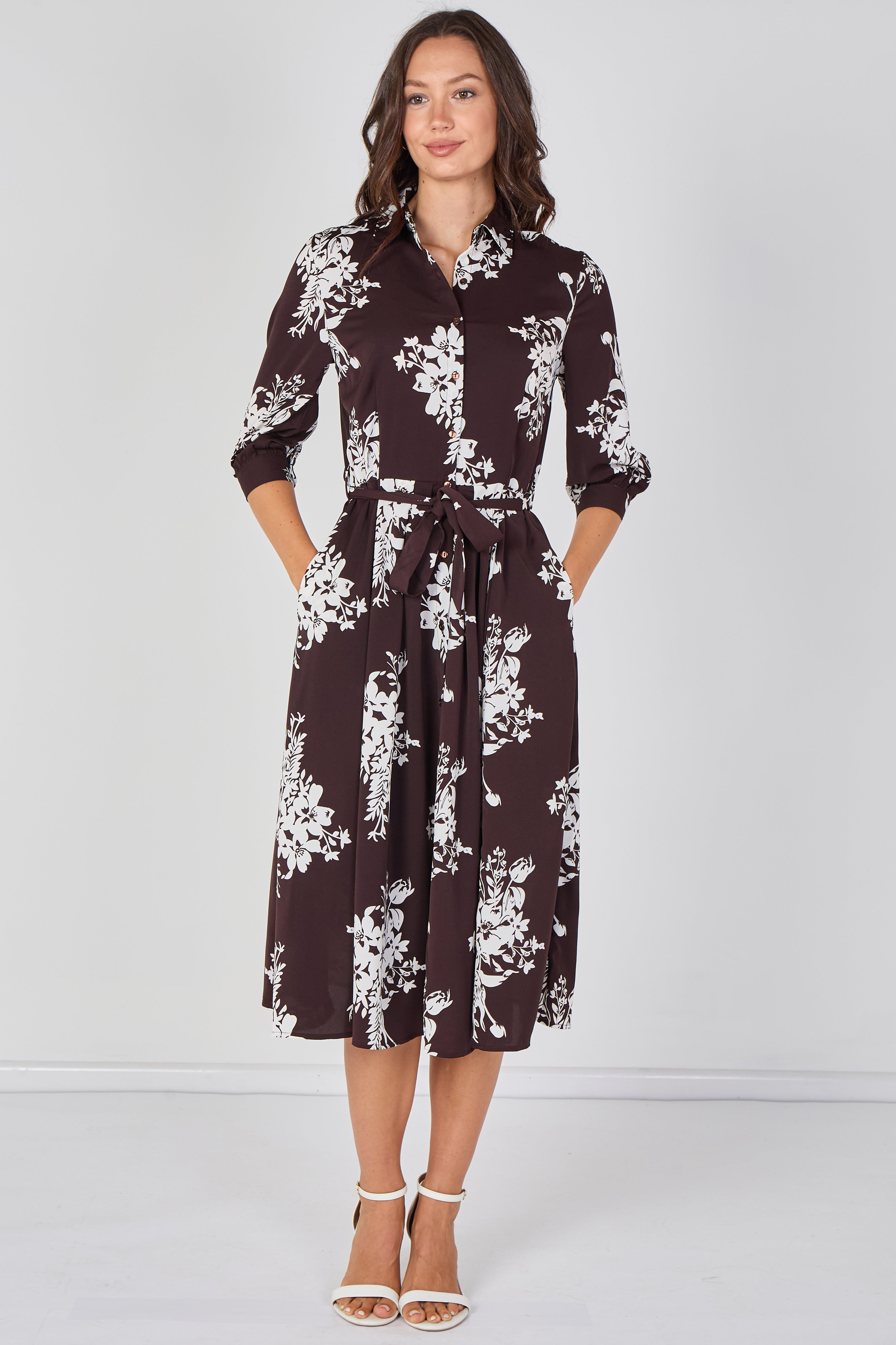 8Pcs Brown Ivory Bouquet Print Belted Midi Shirt Dress