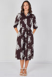 8Pcs Brown Ivory Bouquet Print Belted Midi Shirt Dress