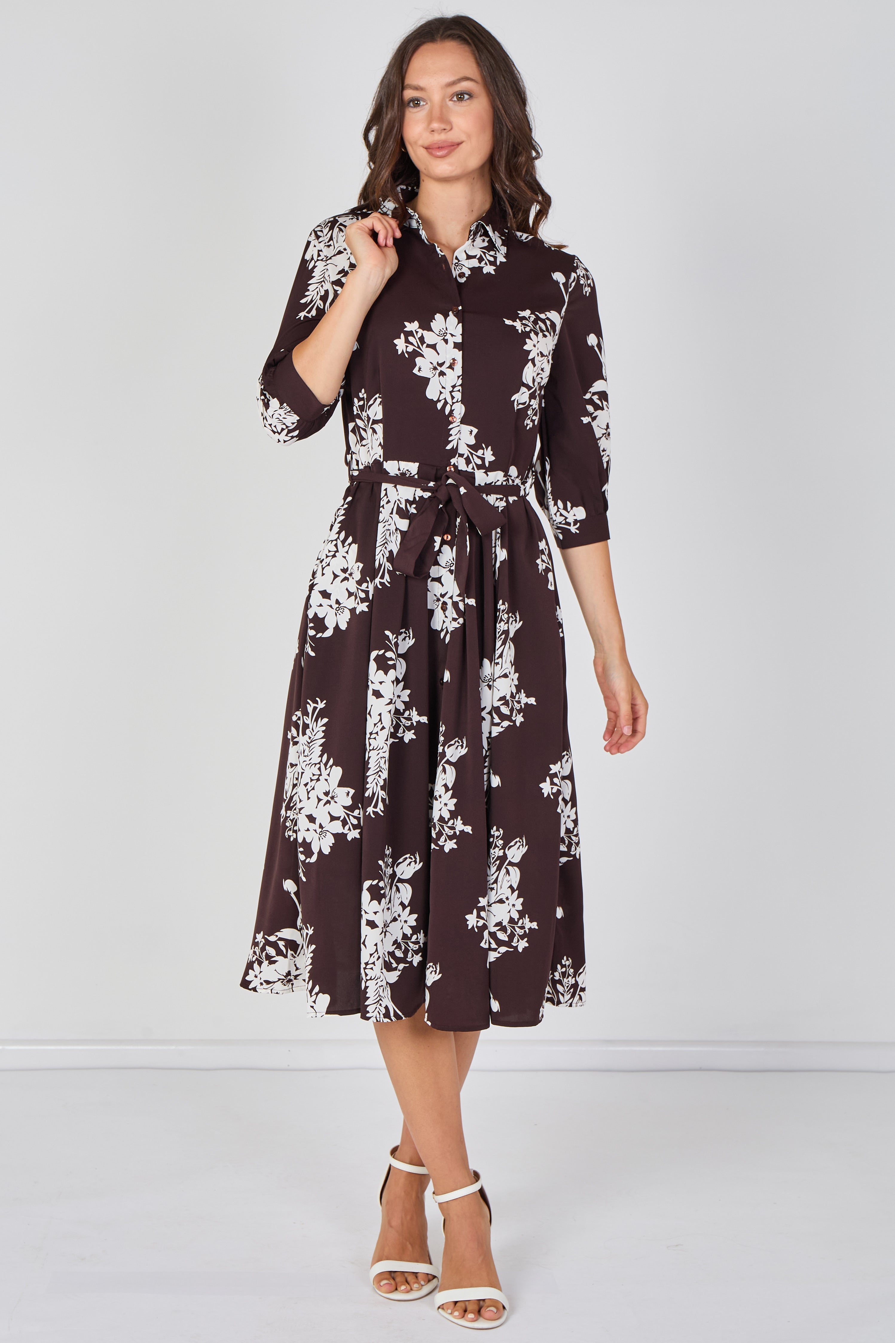 8Pcs Brown Ivory Bouquet Print Belted Midi Shirt Dress