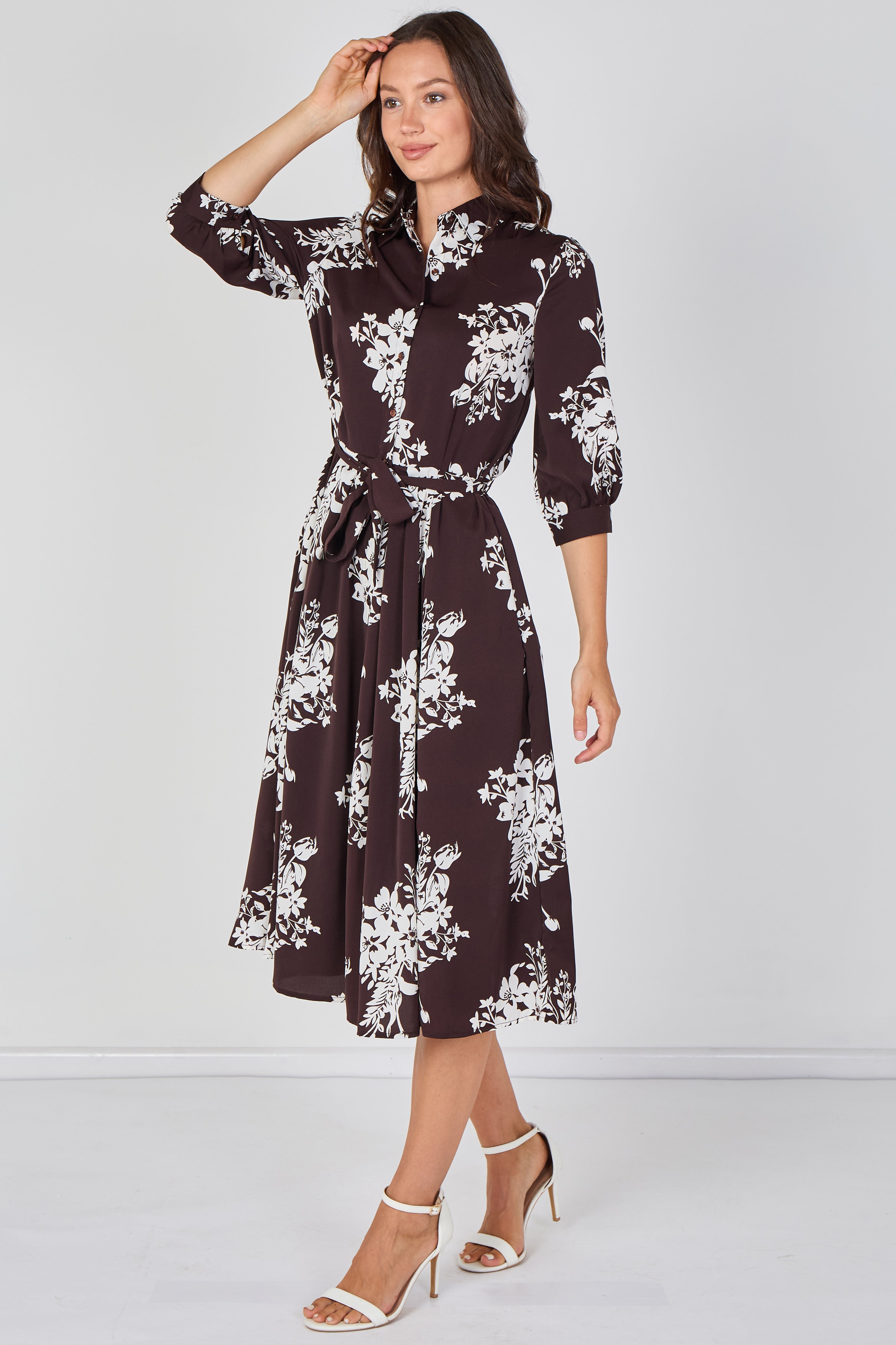 8Pcs Brown Ivory Bouquet Print Belted Midi Shirt Dress