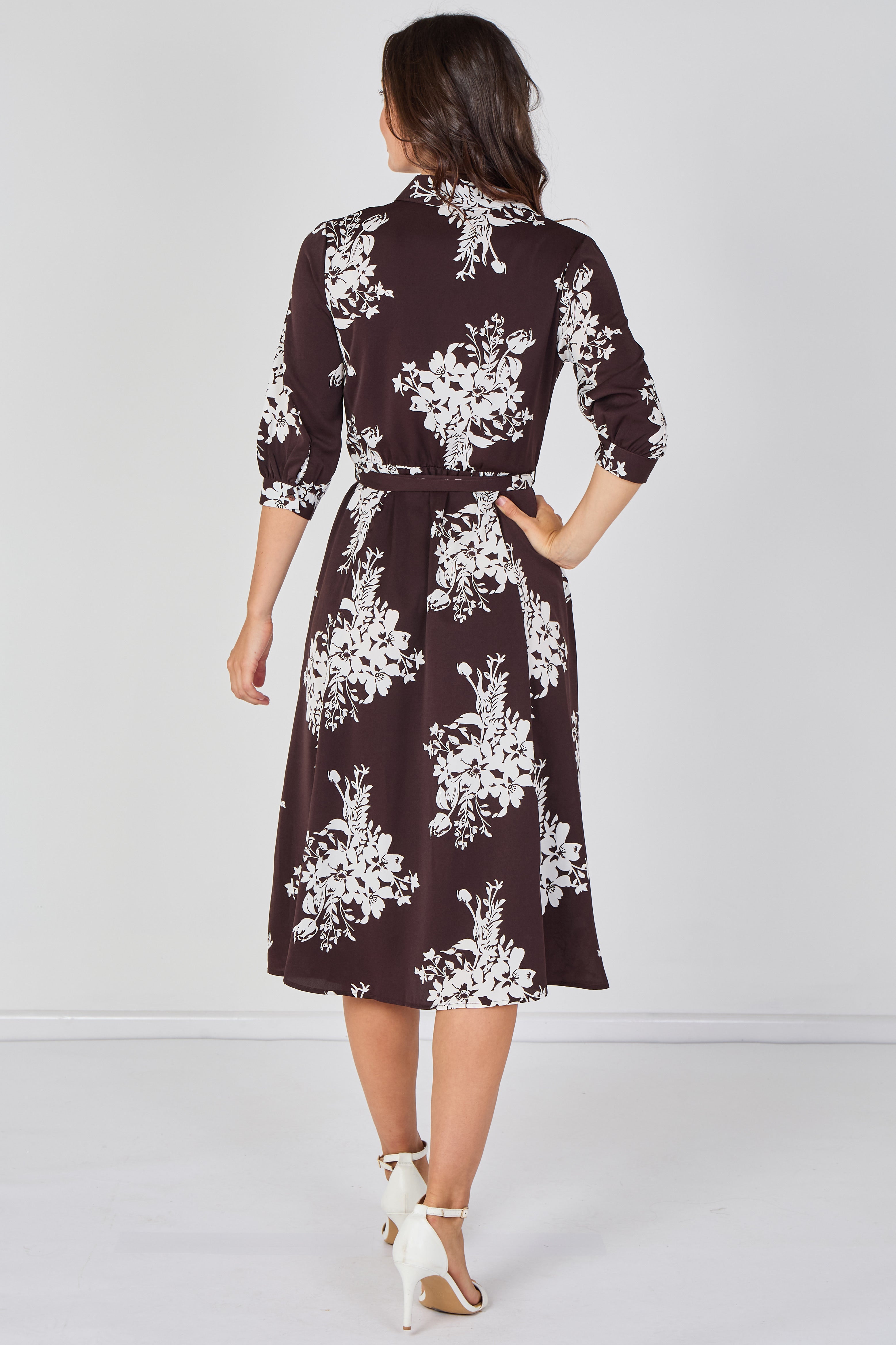 8Pcs Brown Ivory Bouquet Print Belted Midi Shirt Dress