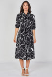 8Pcs Black and White Abstract Line Print Belted Midi Shirt Dress