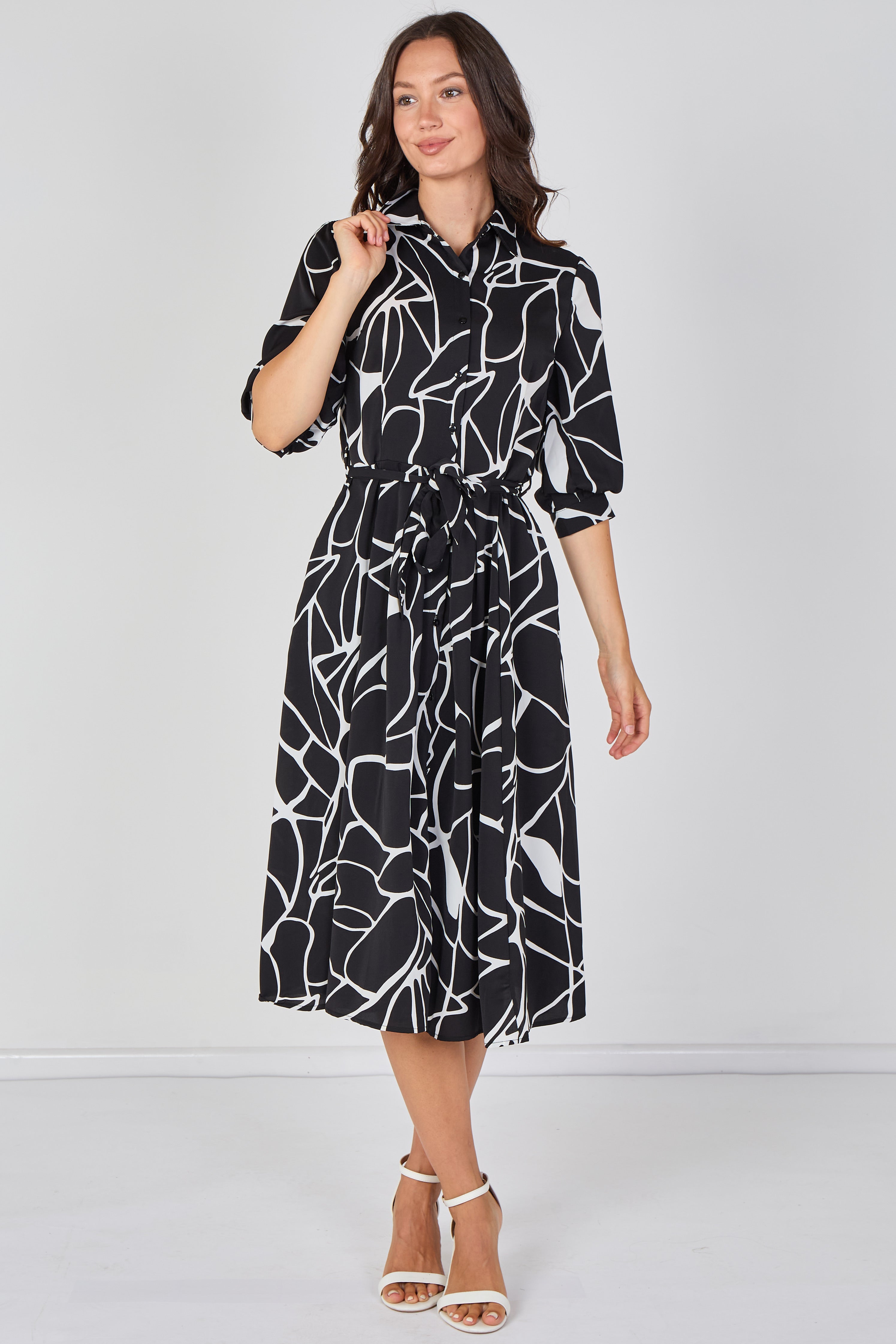 8Pcs Black and White Abstract Line Print Belted Midi Shirt Dress