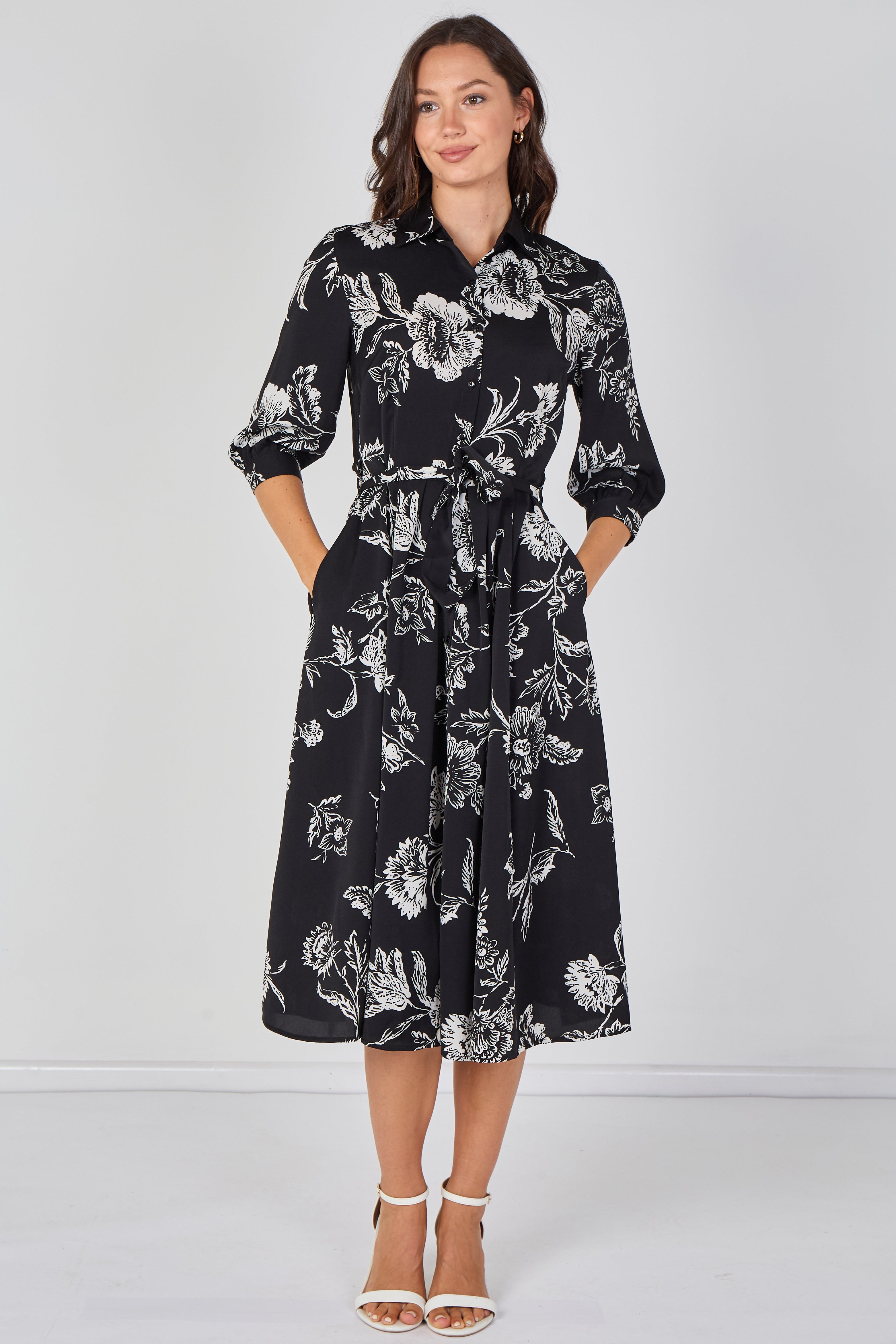 8Pcs Black and White Sketch Floral Belted Midi Shirt Dress