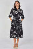 8Pcs Black and White Sketch Floral Belted Midi Shirt Dress