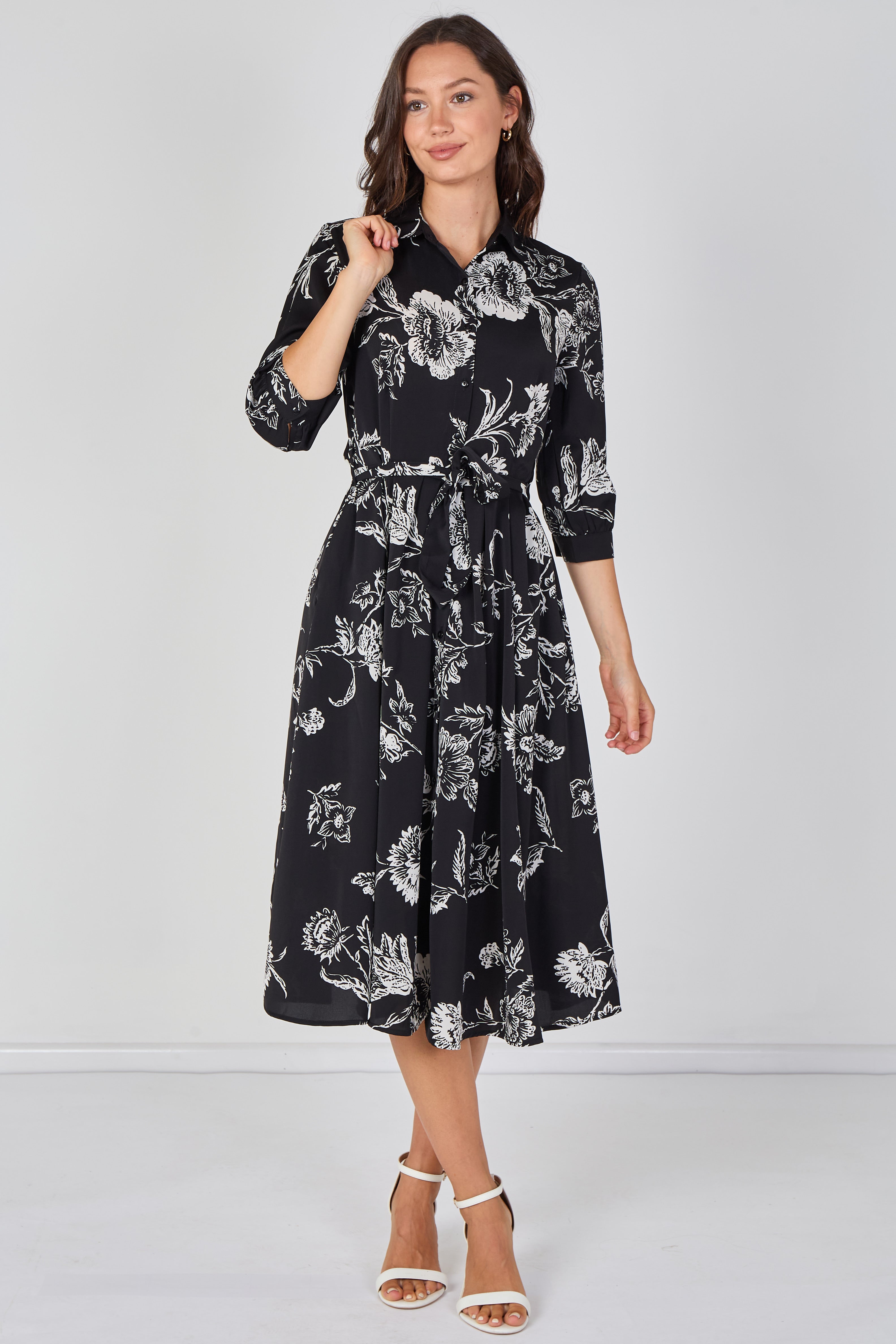 8Pcs Black and White Sketch Floral Belted Midi Shirt Dress