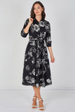 8Pcs Black and White Sketch Floral Belted Midi Shirt Dress