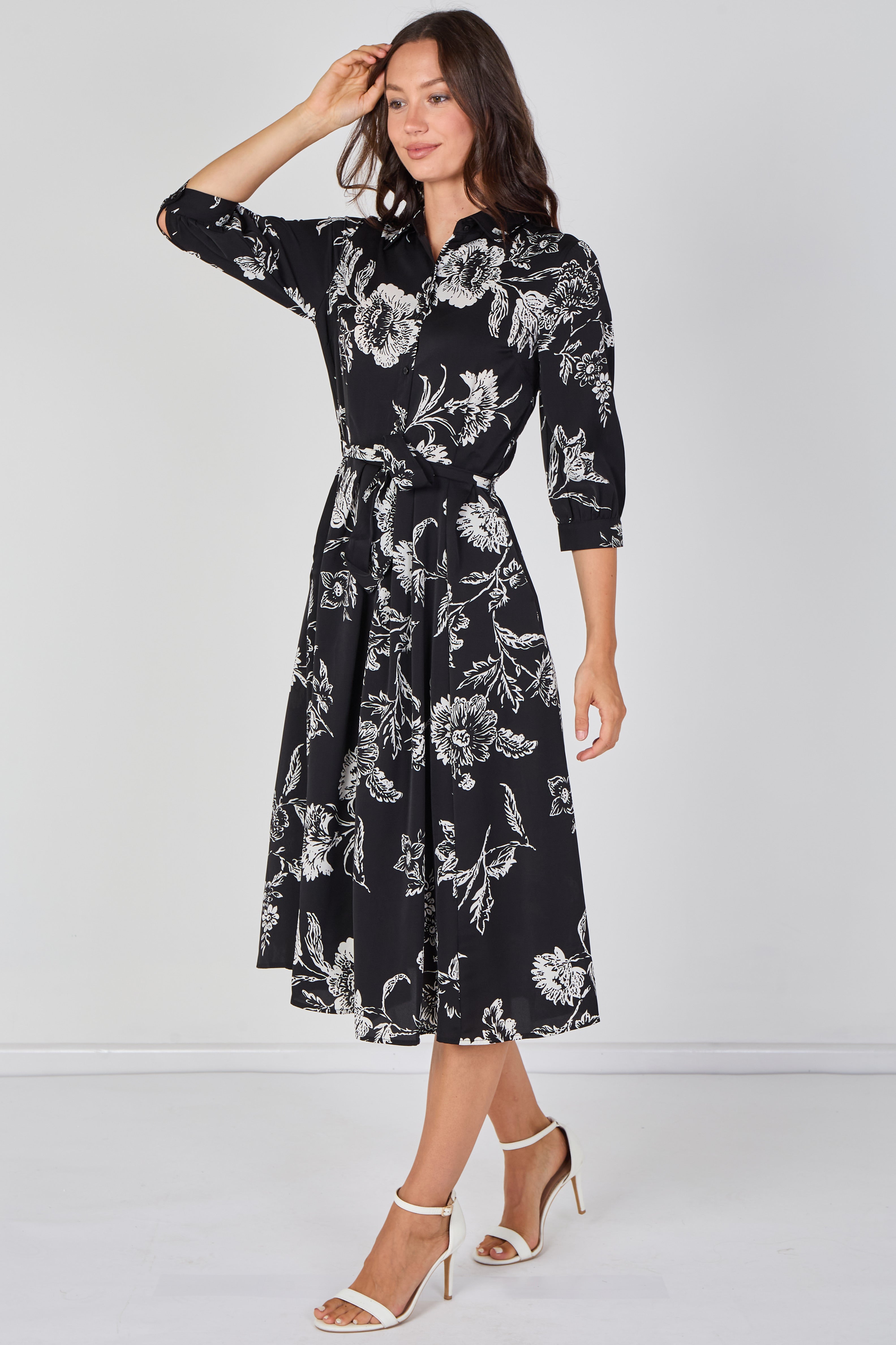 8Pcs Black and White Sketch Floral Belted Midi Shirt Dress