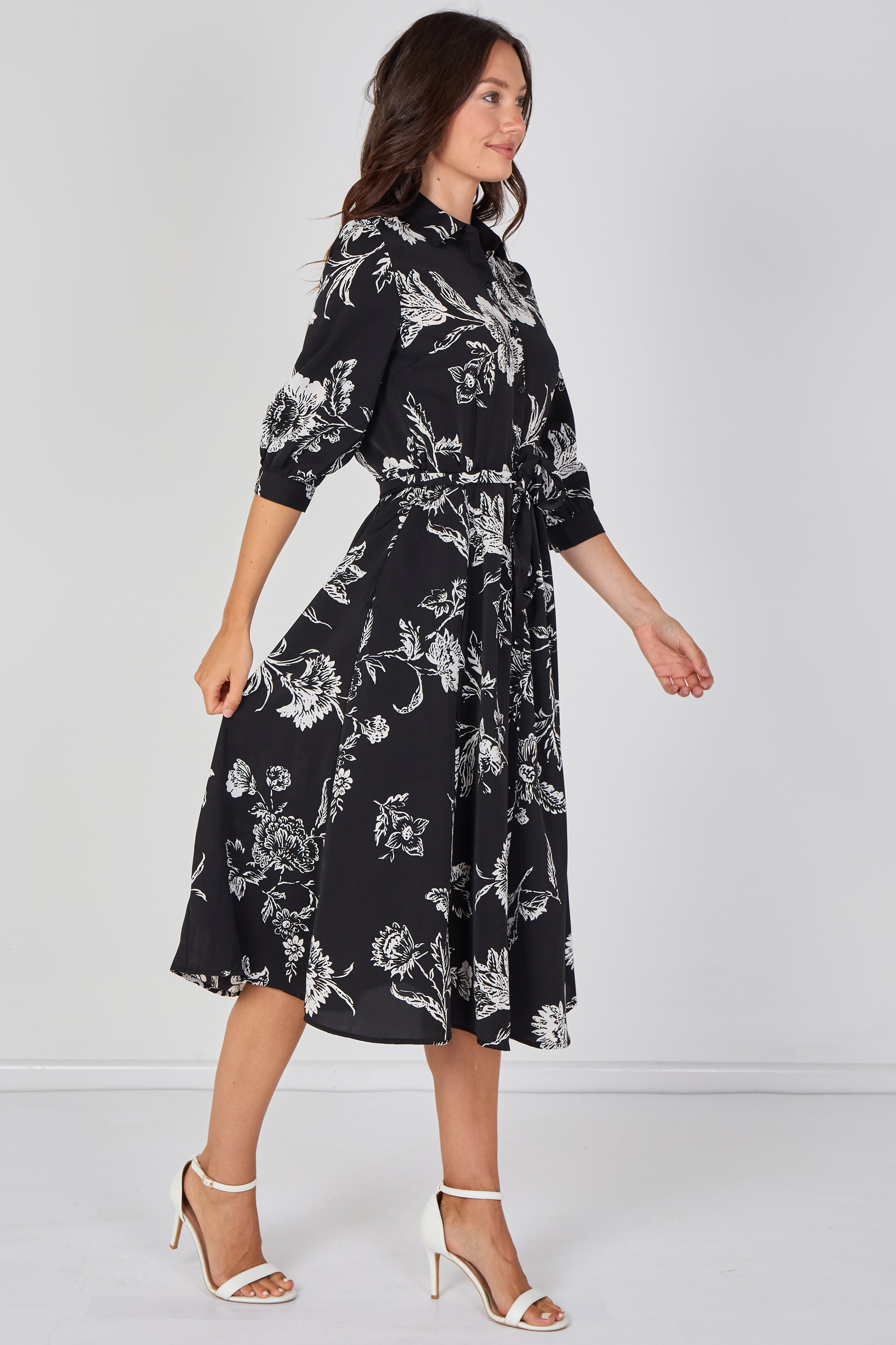 8Pcs Black and White Sketch Floral Belted Midi Shirt Dress