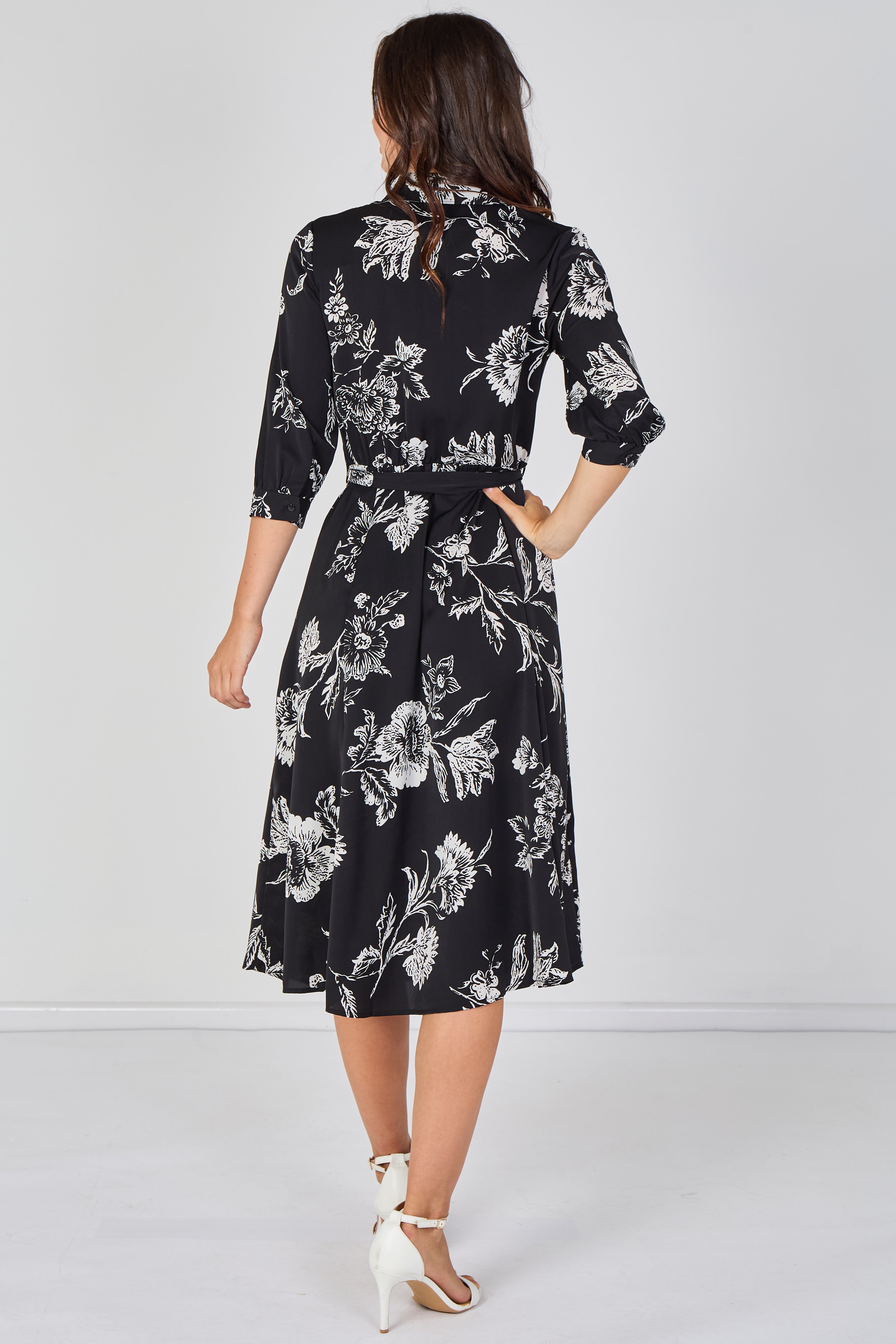 8Pcs Black and White Sketch Floral Belted Midi Shirt Dress