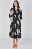 8Pcs Black Ivory Bouquet Print Belted Midi Shirt Dress