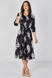 8Pcs Black Ivory Bouquet Print Belted Midi Shirt Dress