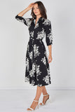 8Pcs Black Ivory Bouquet Print Belted Midi Shirt Dress