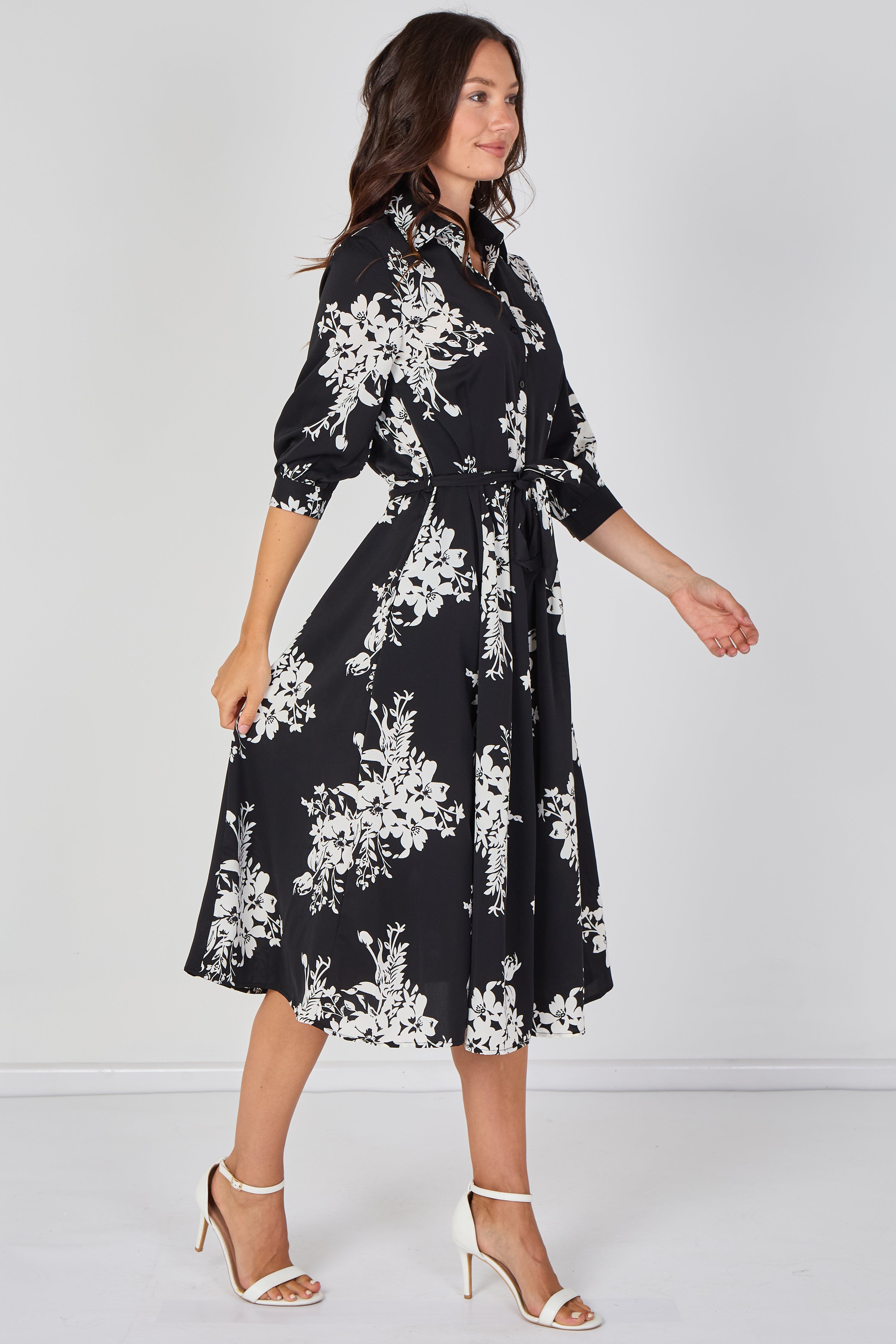 8Pcs Black Ivory Bouquet Print Belted Midi Shirt Dress